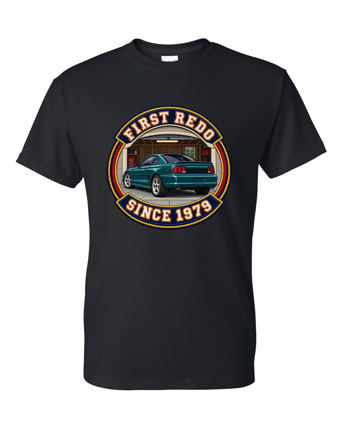 Embroidery-style varsity crest print for a 1994-98 Ford Mustang SN95 black t-shirt front view with the design