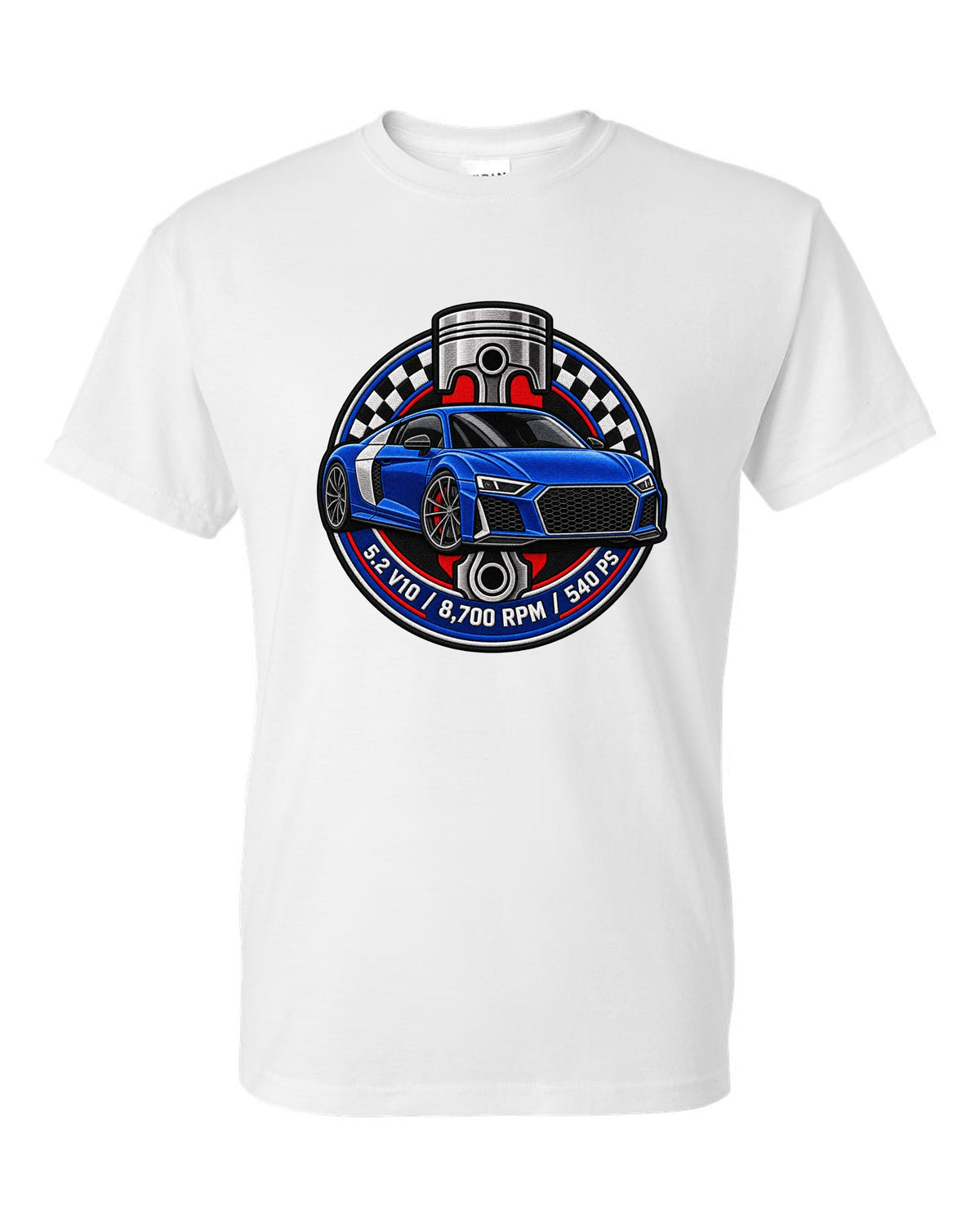Varsity badge crest print of an Audi R8 4S with 5.2 V10 and 540 PS text white t-shirt front view with the design