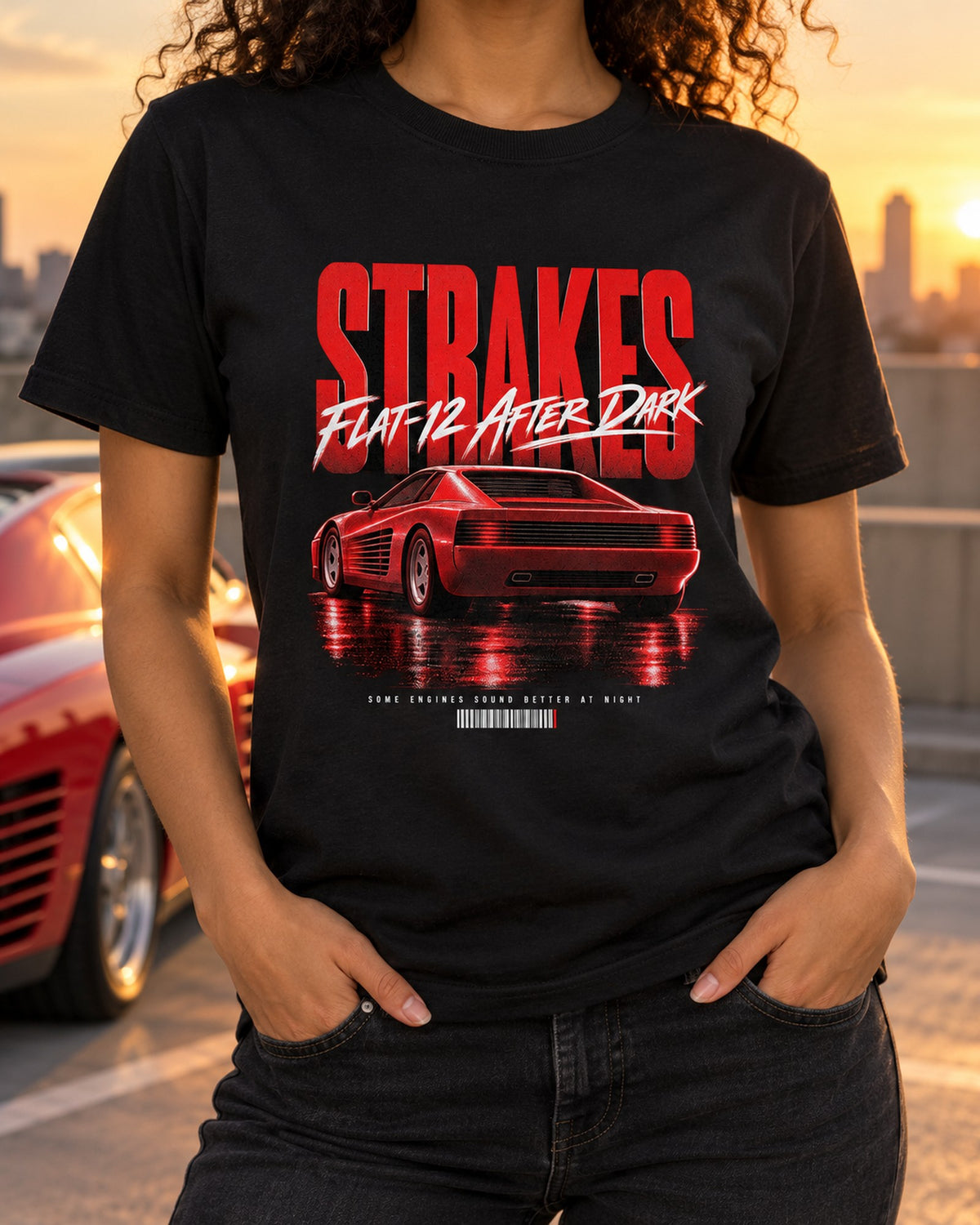 Ferrari Testarossa F110 Strakes After Dark Poster Tee T-Shirt Black worn hero