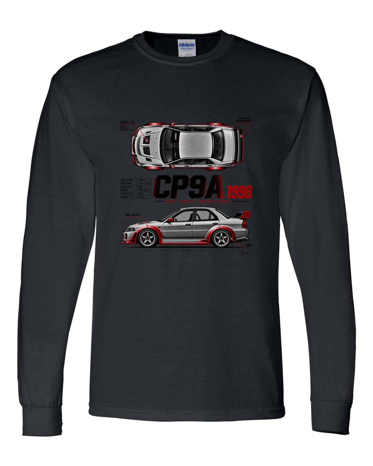 Spec poster print for the Mitsubishi Lancer Evolution V CP9A reading Wide Arches, Narrow Roads, 4G63T 2.0L, 1998 black long sleeve front view with the design