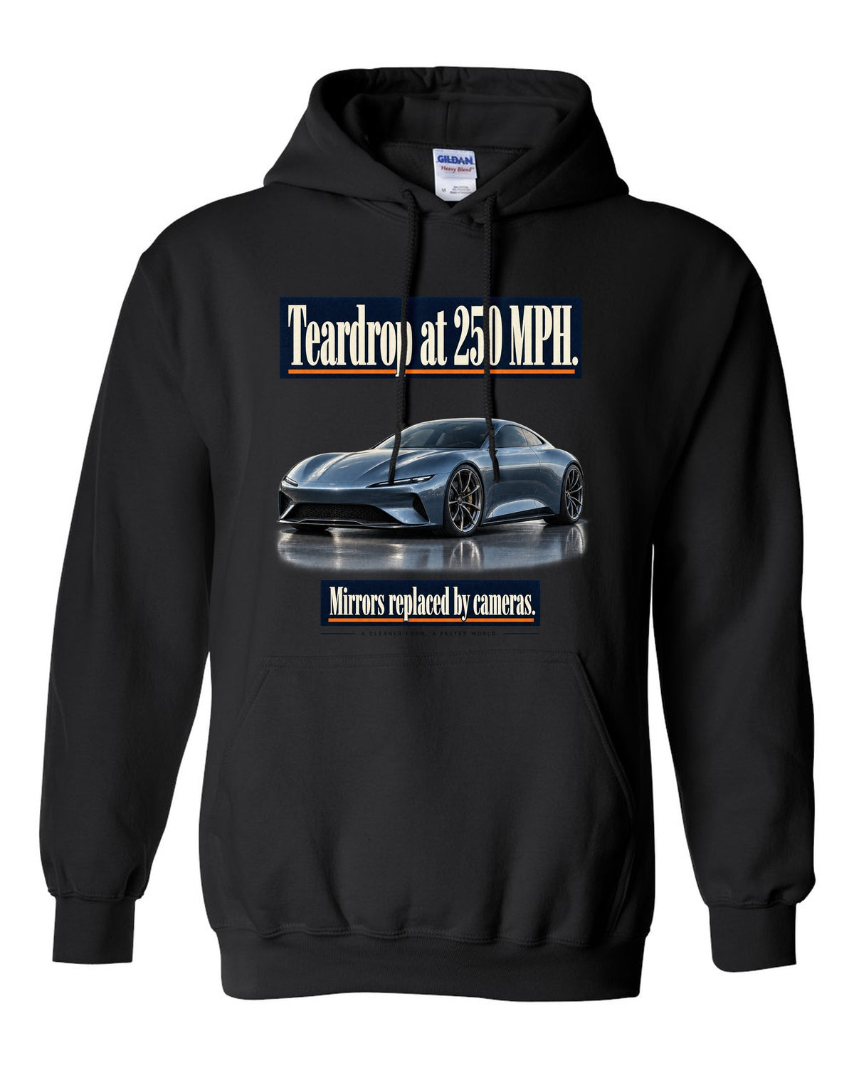 Editorial headline print of a steel blue McLaren Speedtail black pull over hoodie front view with the design