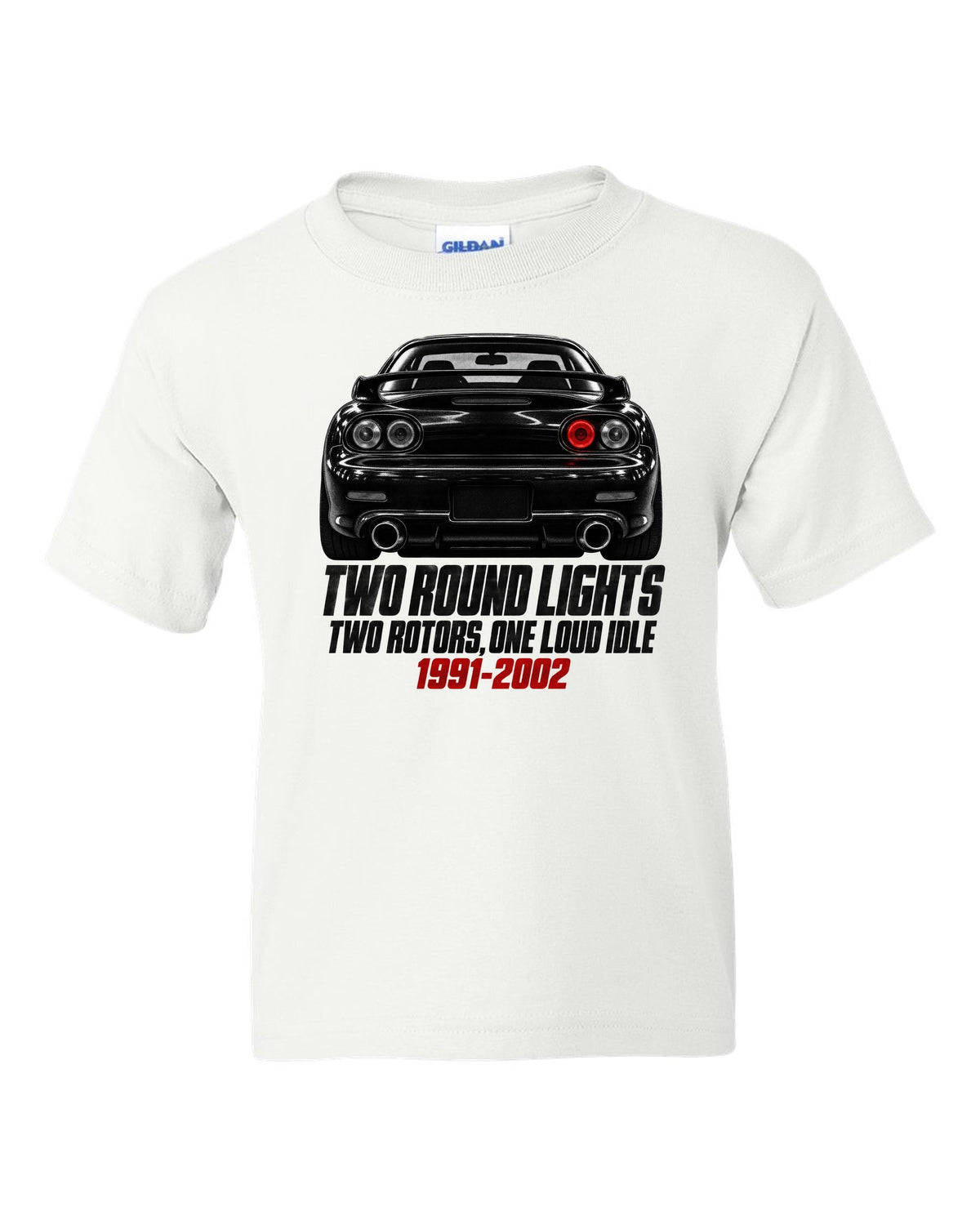 Taillight detail print of a Mazda RX-7 FD3S with two round lamps white kids tee front view with the design