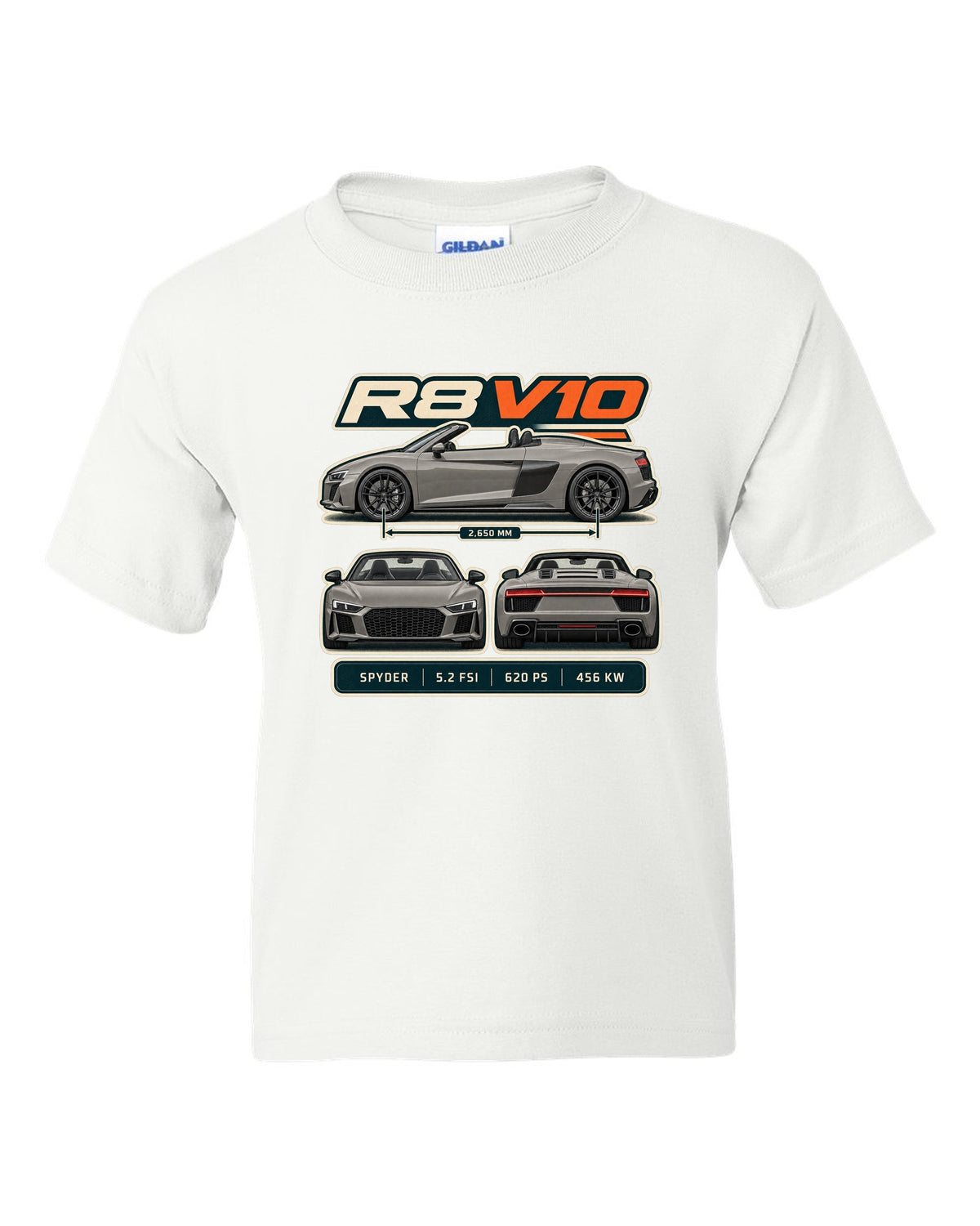 Audi R8 Spyder V10 performance three-view spec table print design white kids tee front view with the design
