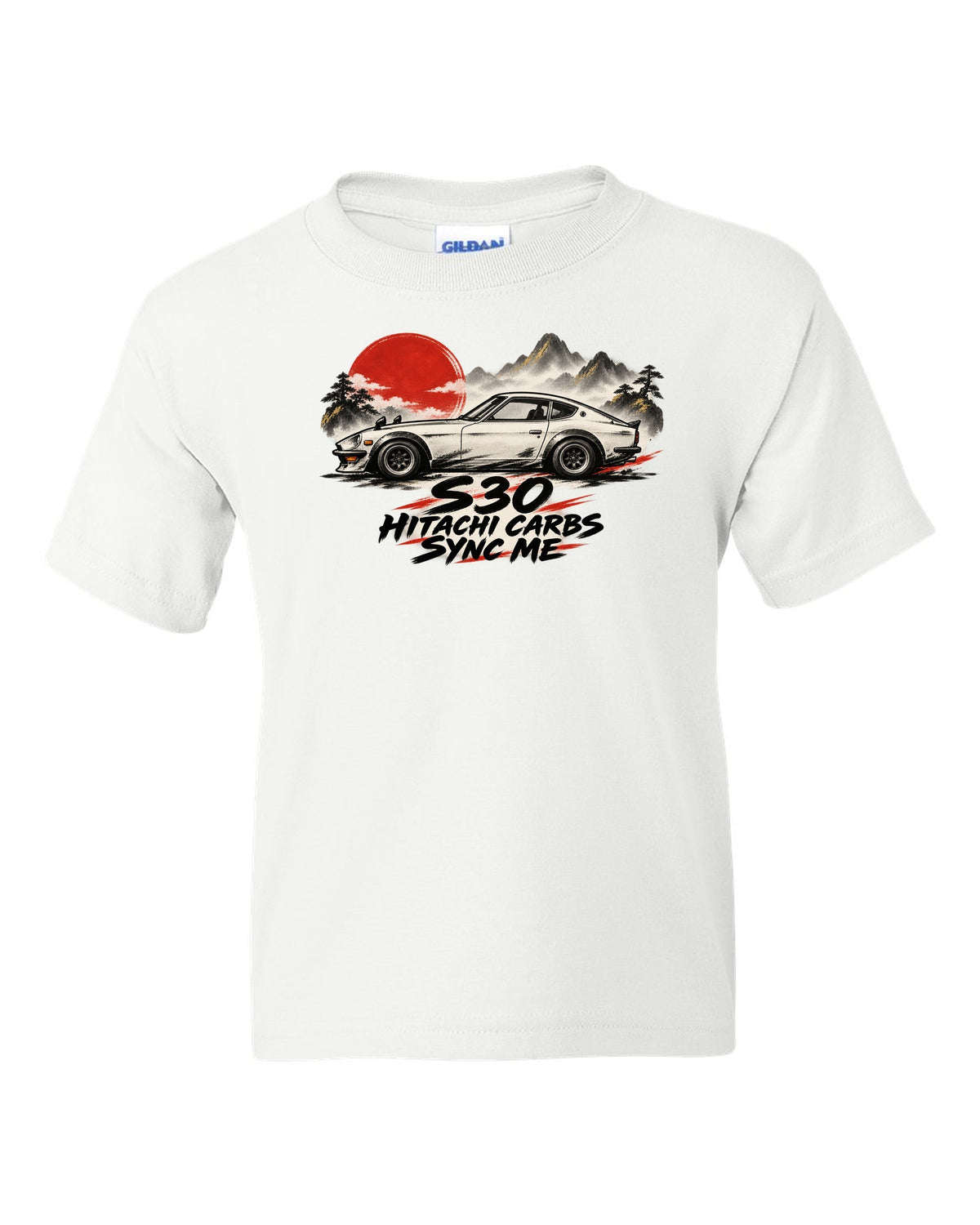 Sumi-e ink wash profile of a 1972 Datsun 240Z S30 with red accents white kids tee front view with the design
