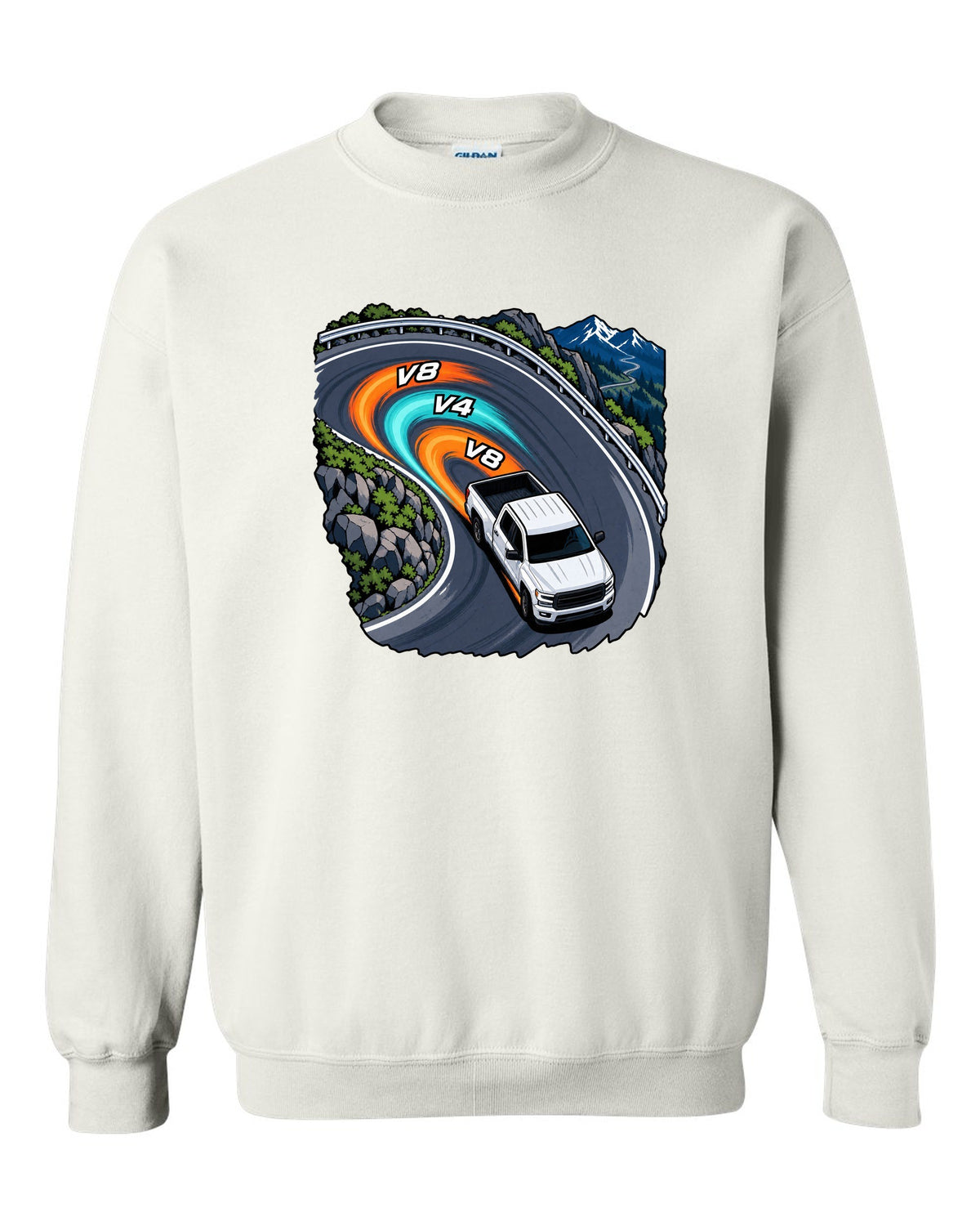 Cel-shaded anime night touge print of a 2007-2013 Chevrolet Silverado GMT900 with V8 V4 V8 text white crewneck front view with the design