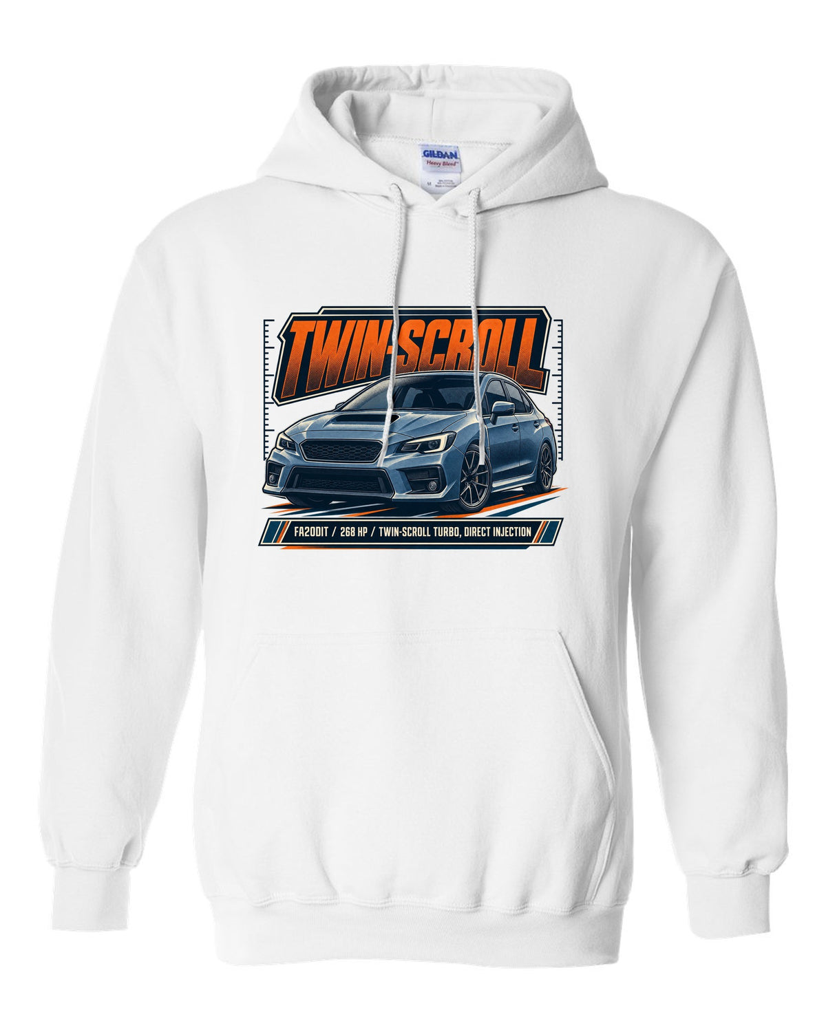 Subaru WRX VA sedan front three-quarter halftone design white pull over hoodie front view with the design