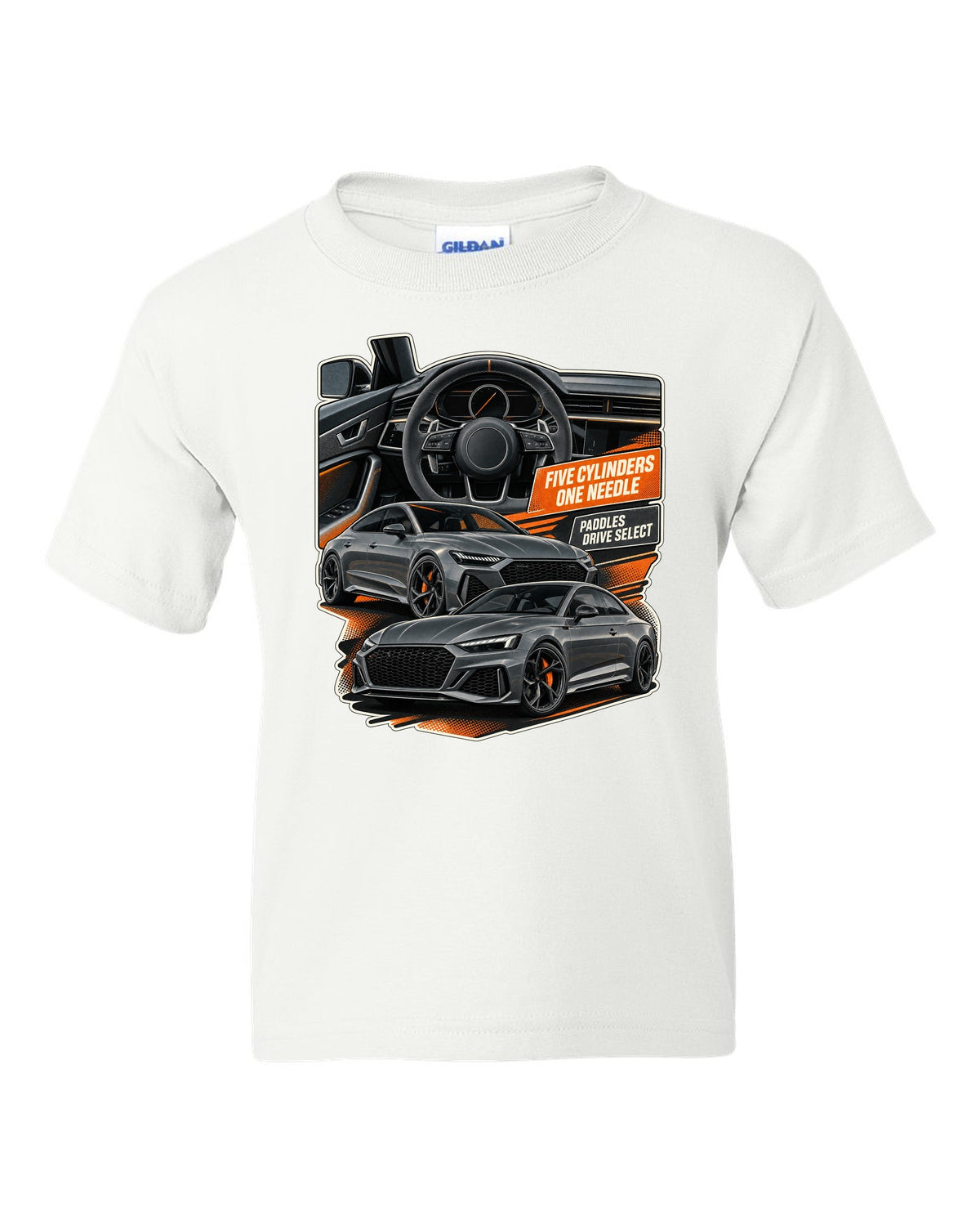 Interior and gauge cluster print of an Audi RS3 8Y white kids tee front view with the design