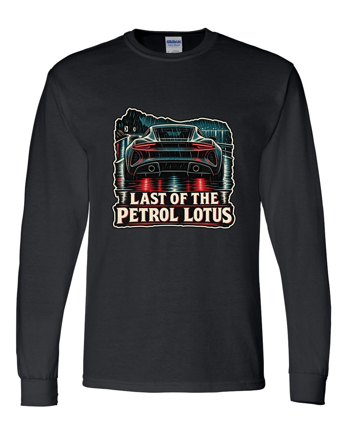 Lotus Emira in linocut woodcut style with LAST OF THE PETROL LOTUS lettering black long sleeve front view with the design