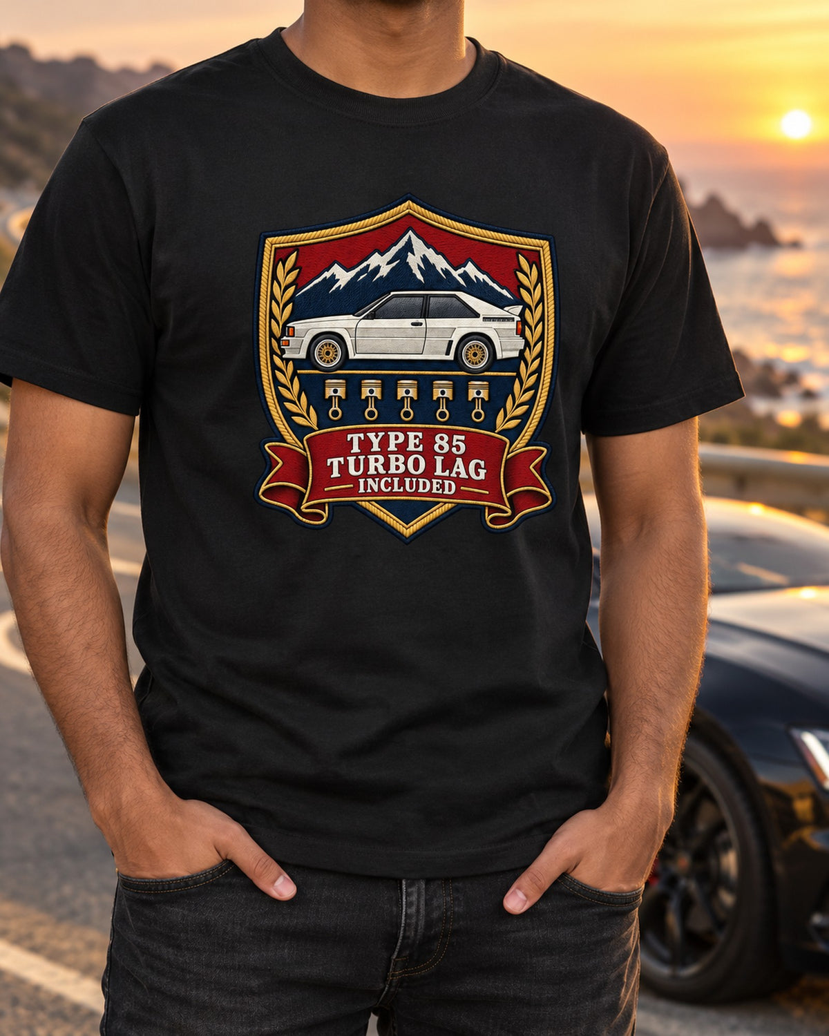 Audi Ur-Quattro Type 85 Shield Crest Shirt, Turbo Lag Included T-Shirt Black worn hero