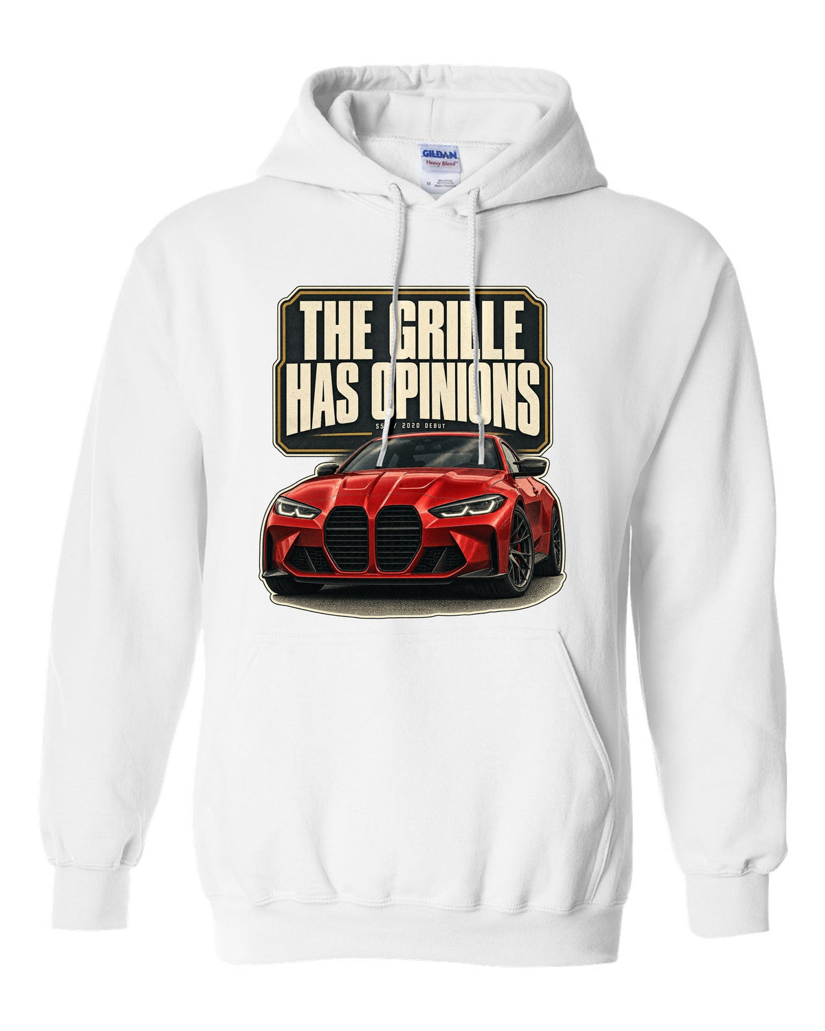 BMW M4 Competition G82 editorial headline print about the grille white pull over hoodie front view with the design