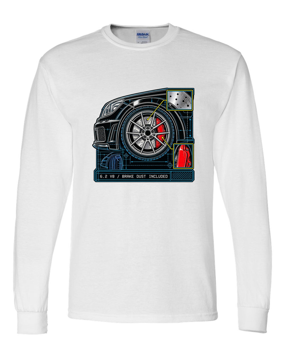 Retro manga ink burnout illustration of a Mercedes C63 Coupe C204 with tyre text white long sleeve front view with the design
