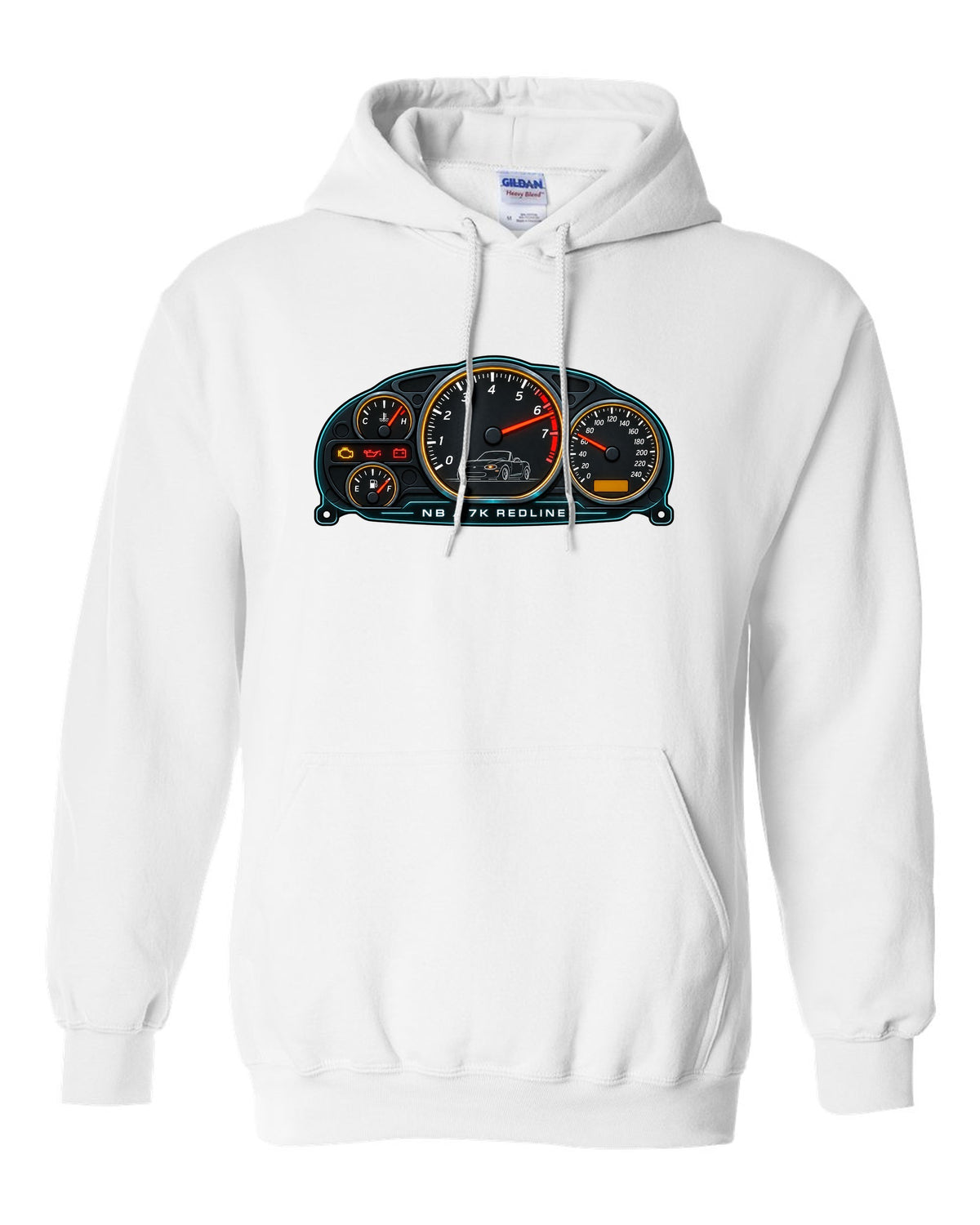 Retro Japanese Showa catalogue spread of a Mazda MX-5 NA with wheels and soft top text white pull over hoodie front view with the design