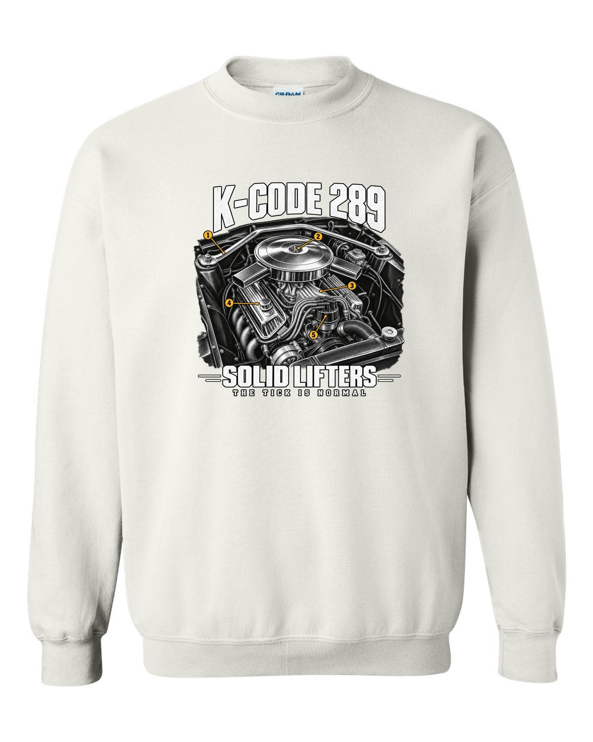 Engine illustration of a 1965 Ford Mustang K-code 289 V8 with solid lifter callouts white crewneck front view with the design