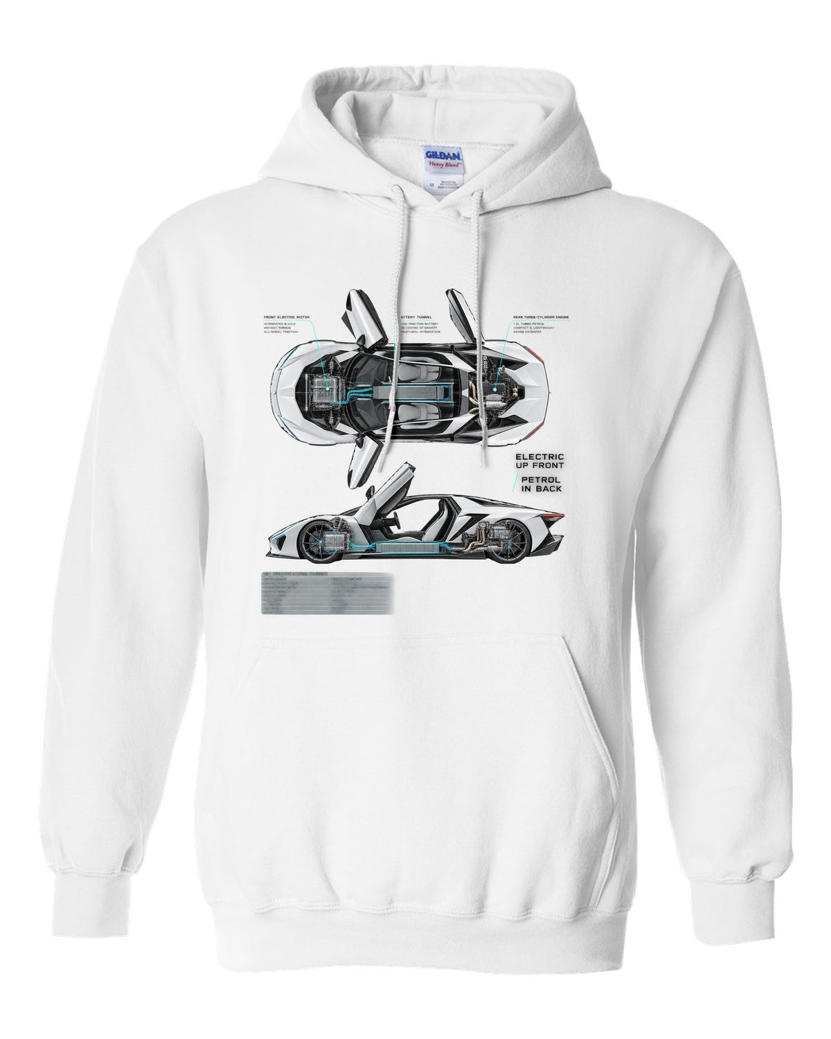 BMW i8 I12 spec poster print with electric up front petrol in back text white pull over hoodie front view with the design