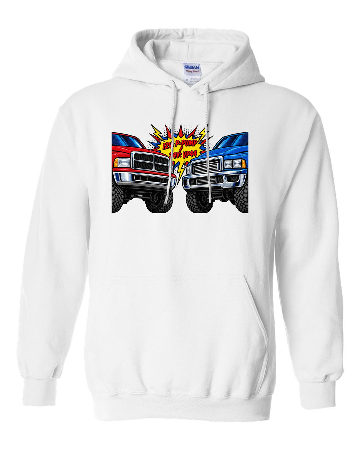 Comic halftone print comparing the 12V P-pump and 24V VP44 Cummins in a Ram 2500 white pull over hoodie front view with the design