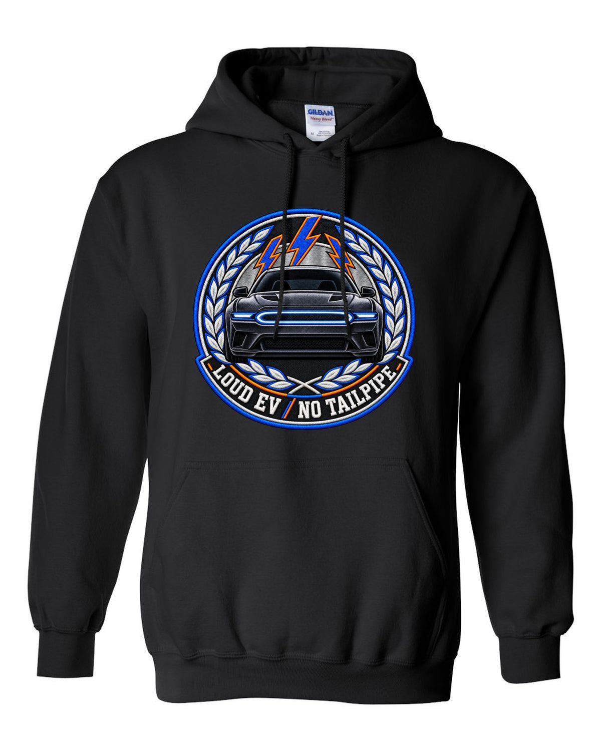Embroidery-style varsity crest for the 2024 Dodge Charger Daytona EV with loud EV no tailpipe text black pull over hoodie front view with the design