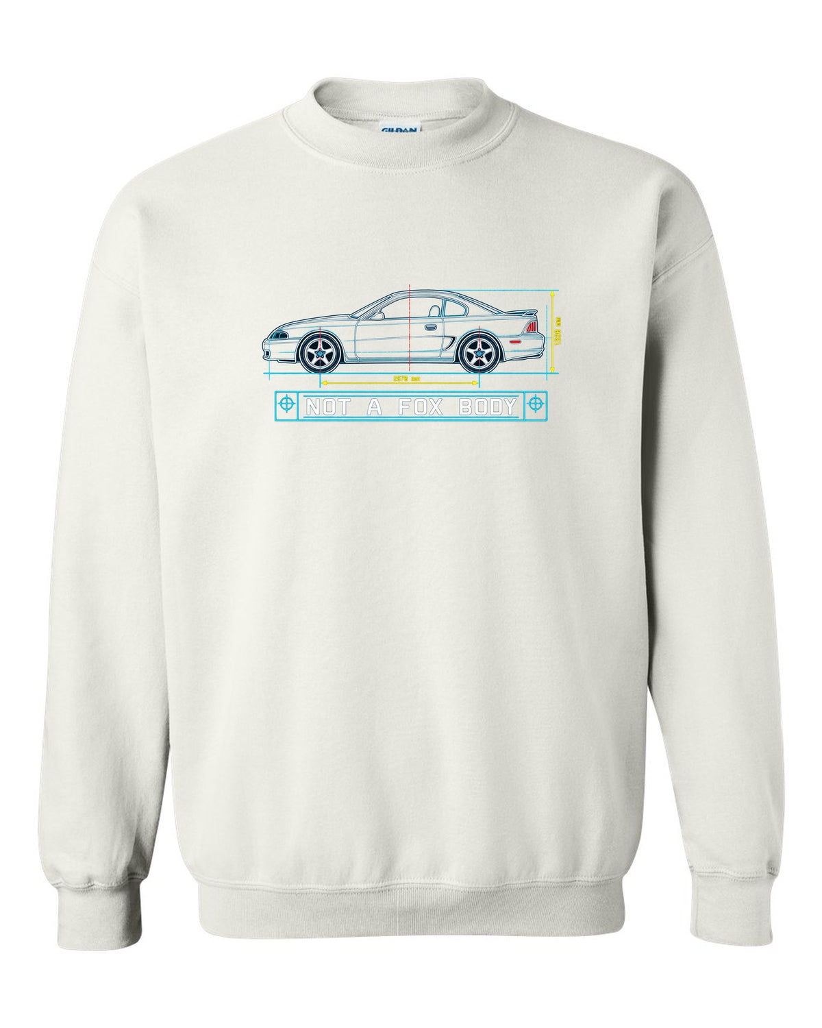 1994-98 SN95 Mustang Coupe Blueprint white crewneck front view with the design