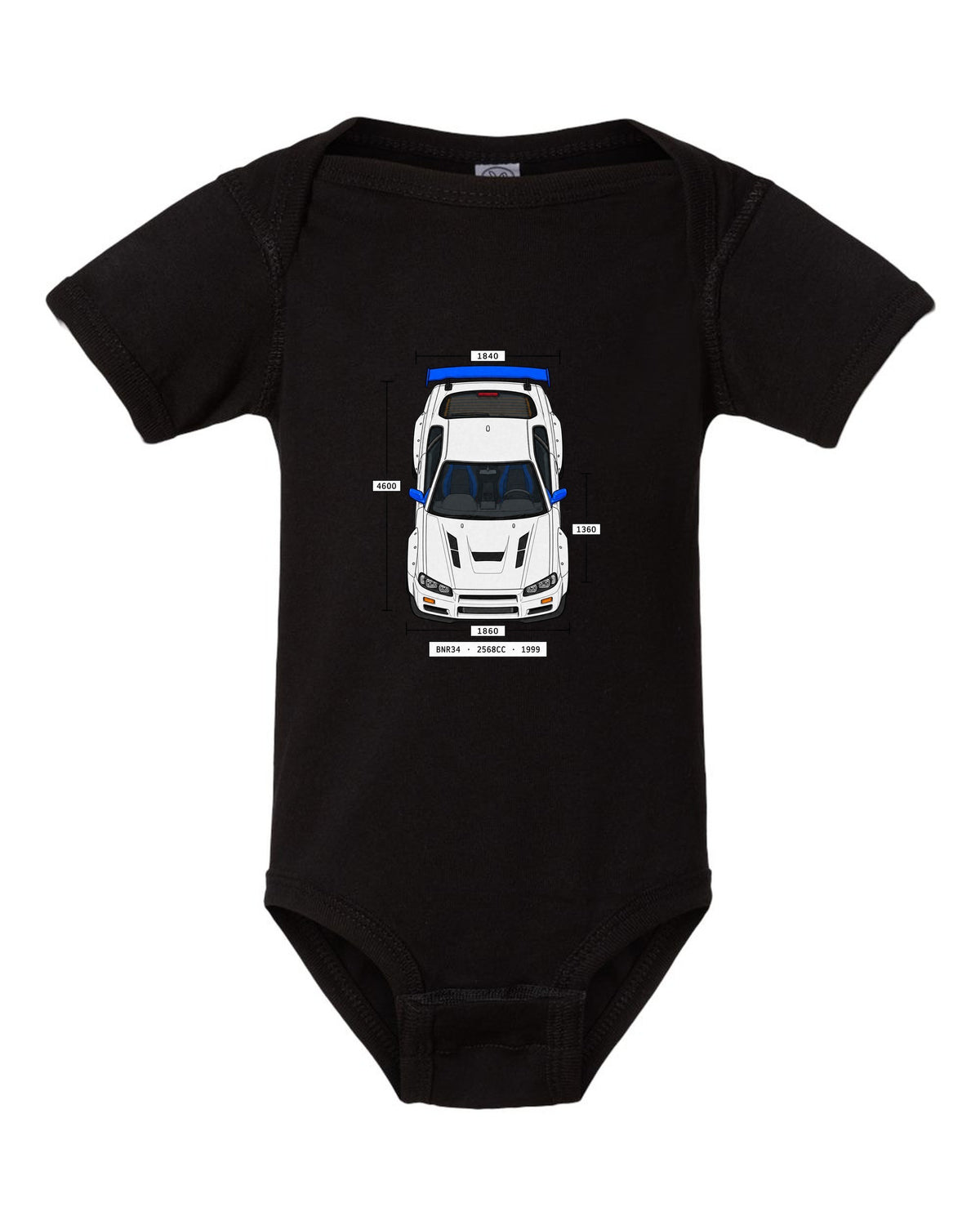 Spec-sheet data plate print reading BNR34 2568cc 1999 for the Nissan Skyline GT-R R34 black baby onesie front view with the design