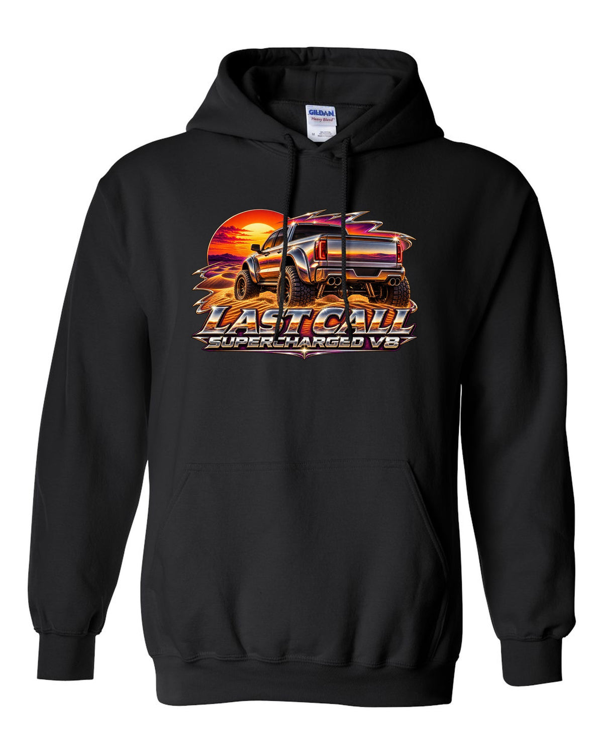 80s chrome airbrush print of a 2024 Ram 1500 TRX Final Edition on a dune with last call supercharged V8 text black pull over hoodie front view with the design