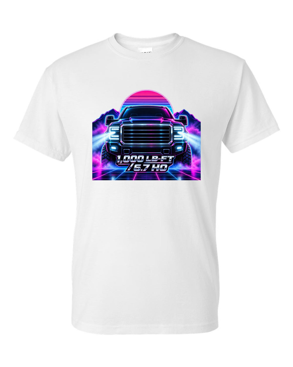Neon synthwave grid print of a 2019-2024 Ram HD 2500 6.7 Cummins HO white t-shirt front view with the design
