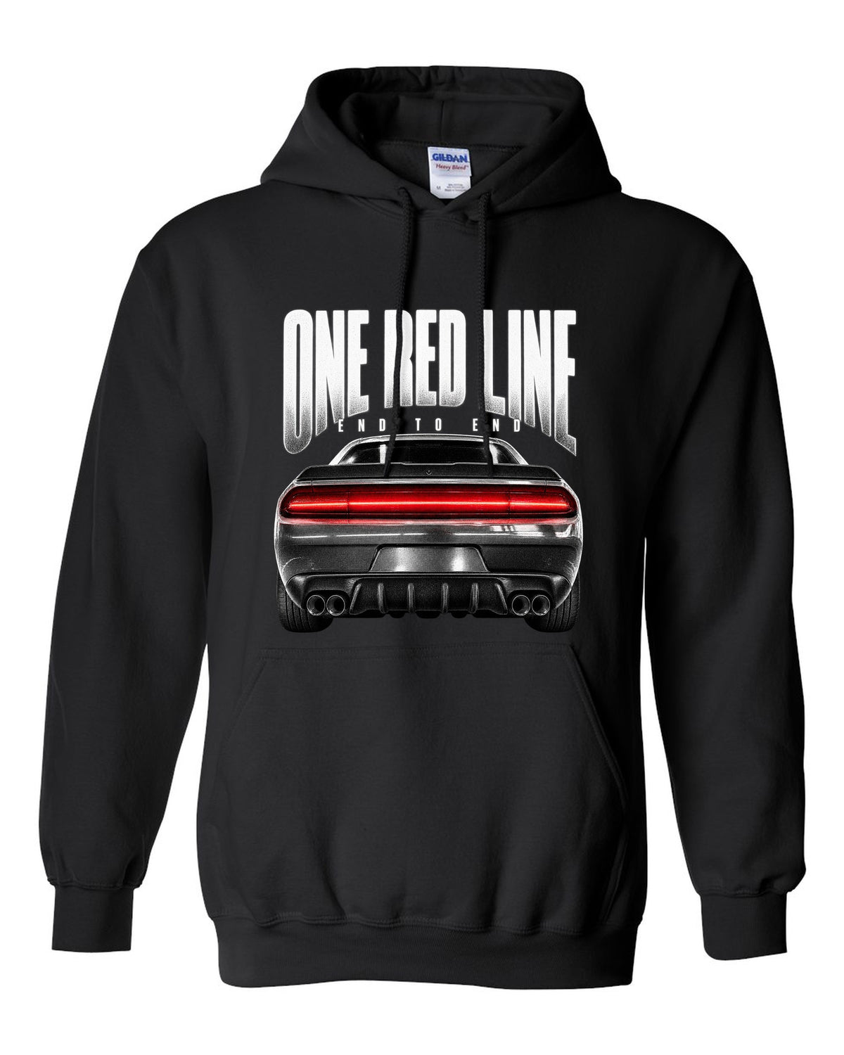 Taillight macro print of a 2015 Dodge Challenger Scat Pack with a single red line black pull over hoodie front view with the design
