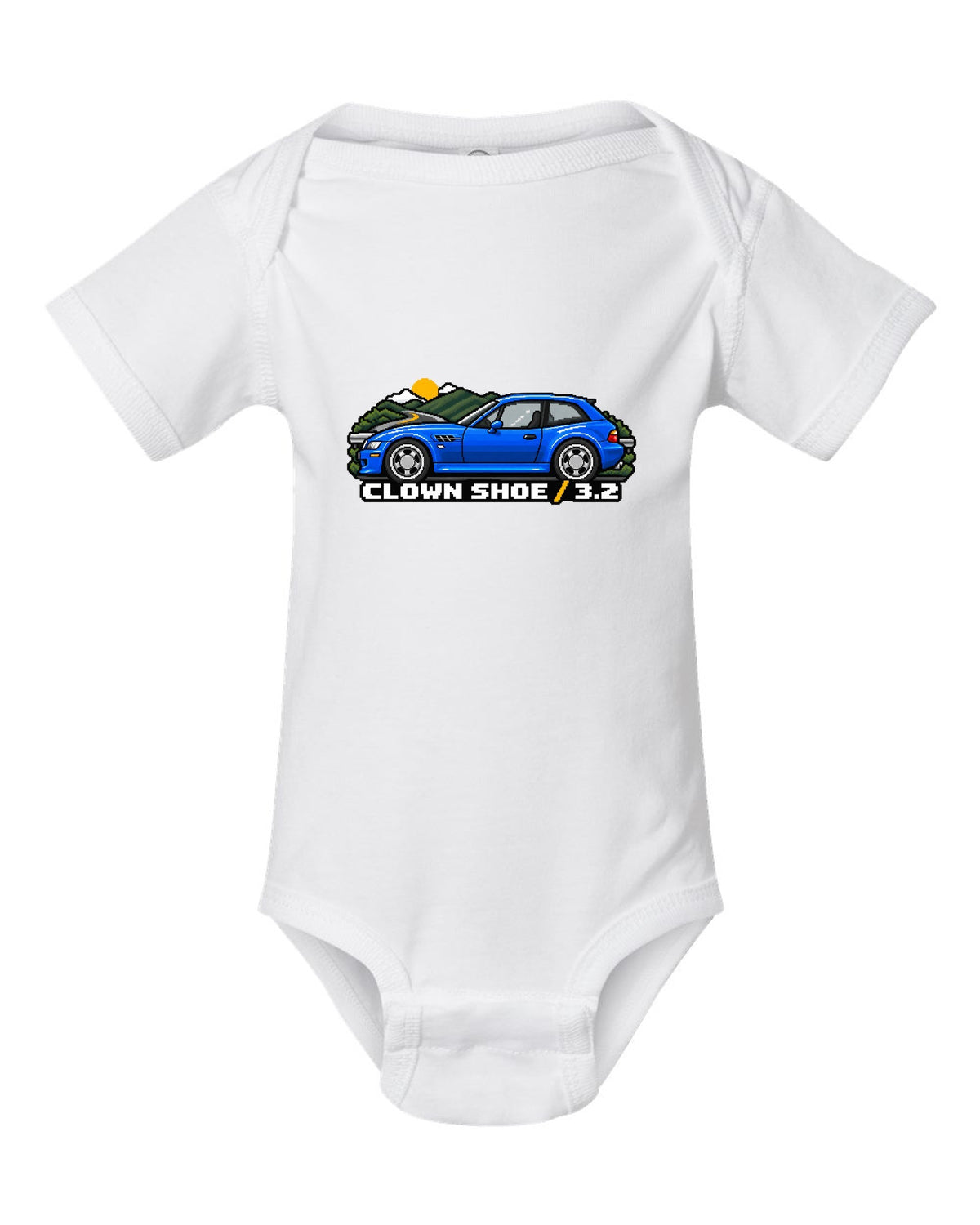 BMW Z4 M Coupe E86 coast road sunset watercolour print with S54 text white baby onesie front view with the design