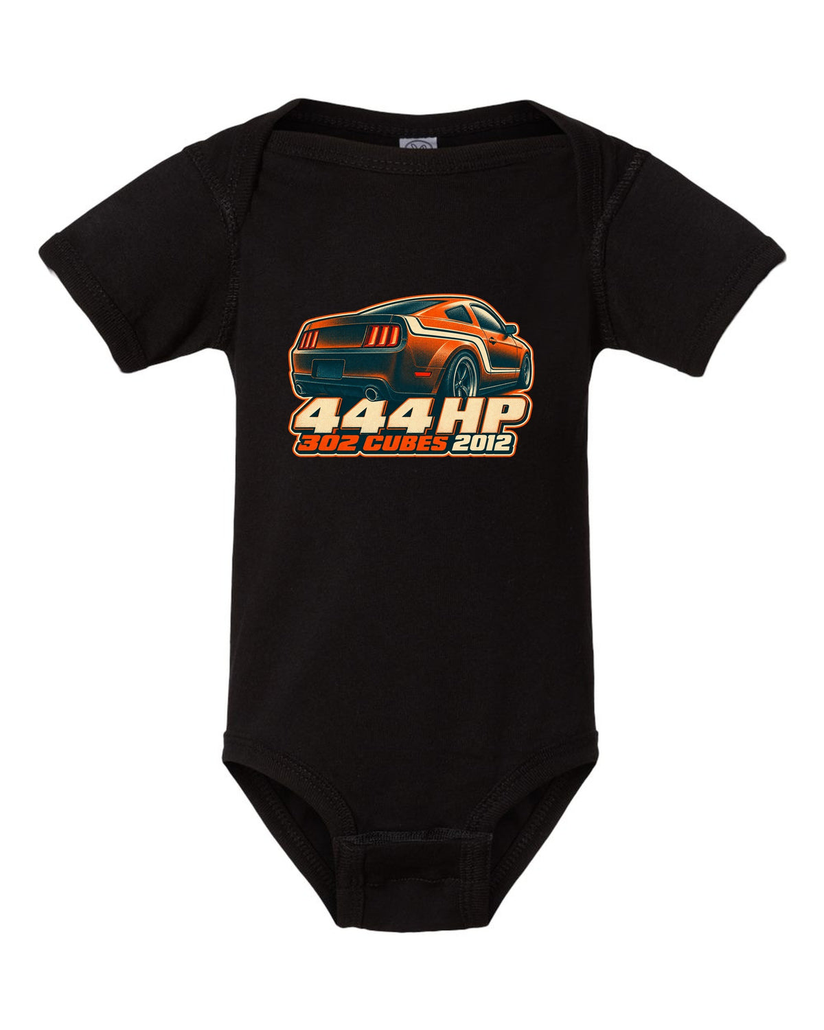 Risograph halftone stripe macro of a 2005-2014 S197 Ford Mustang with 444 HP text black baby onesie front view with the design