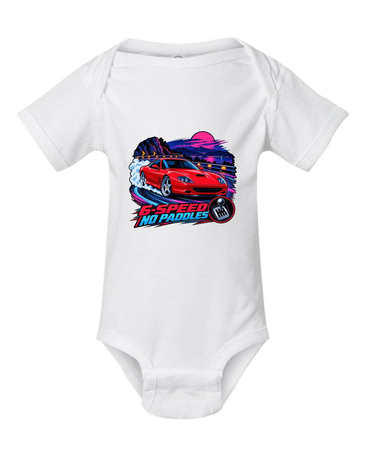 Cel-shaded anime night touge print of a Ferrari 550 Maranello with 6-Speed No Paddles lettering white baby onesie front view with the design
