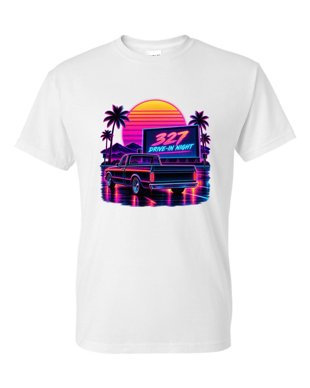 Synthwave outrun print of a 1967-72 Chevrolet C10 Action Line Fleetside at a drive-in with 327 lettering white t-shirt front view with the design