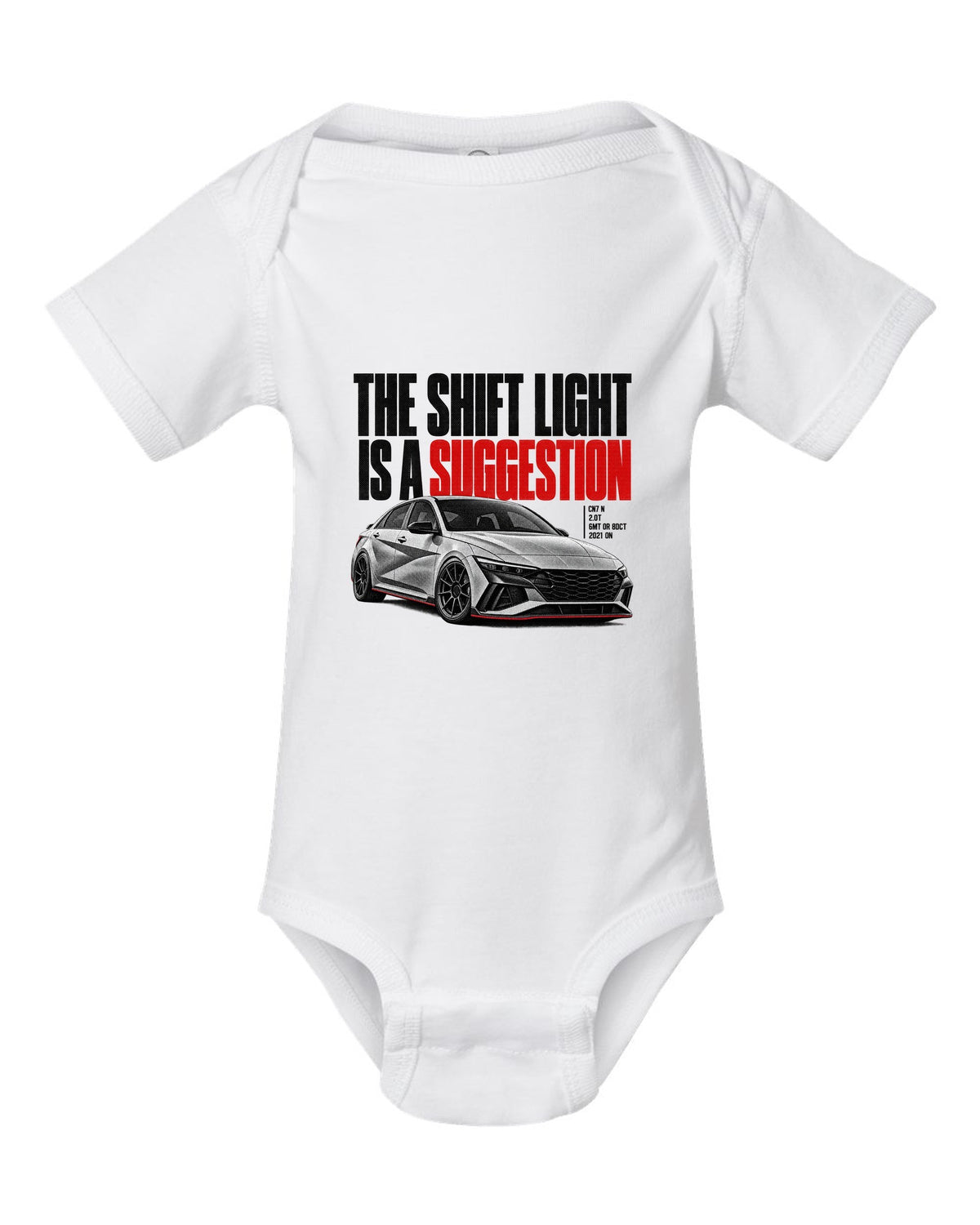 Halftone Hyundai Elantra N CN7 with the shift light is a suggestion text white baby onesie front view with the design