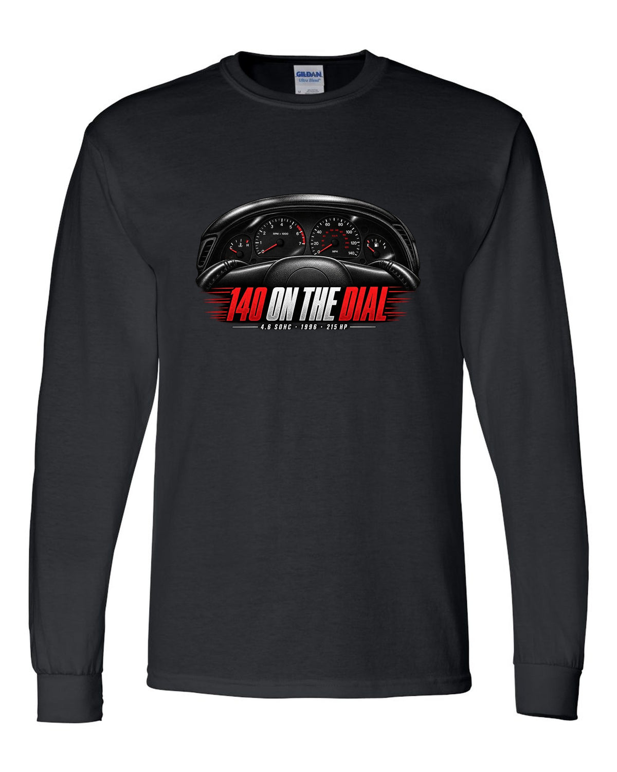 print of an SN95 Ford Mustang GT gauge cluster with 140 on the dial black long sleeve front view with the design