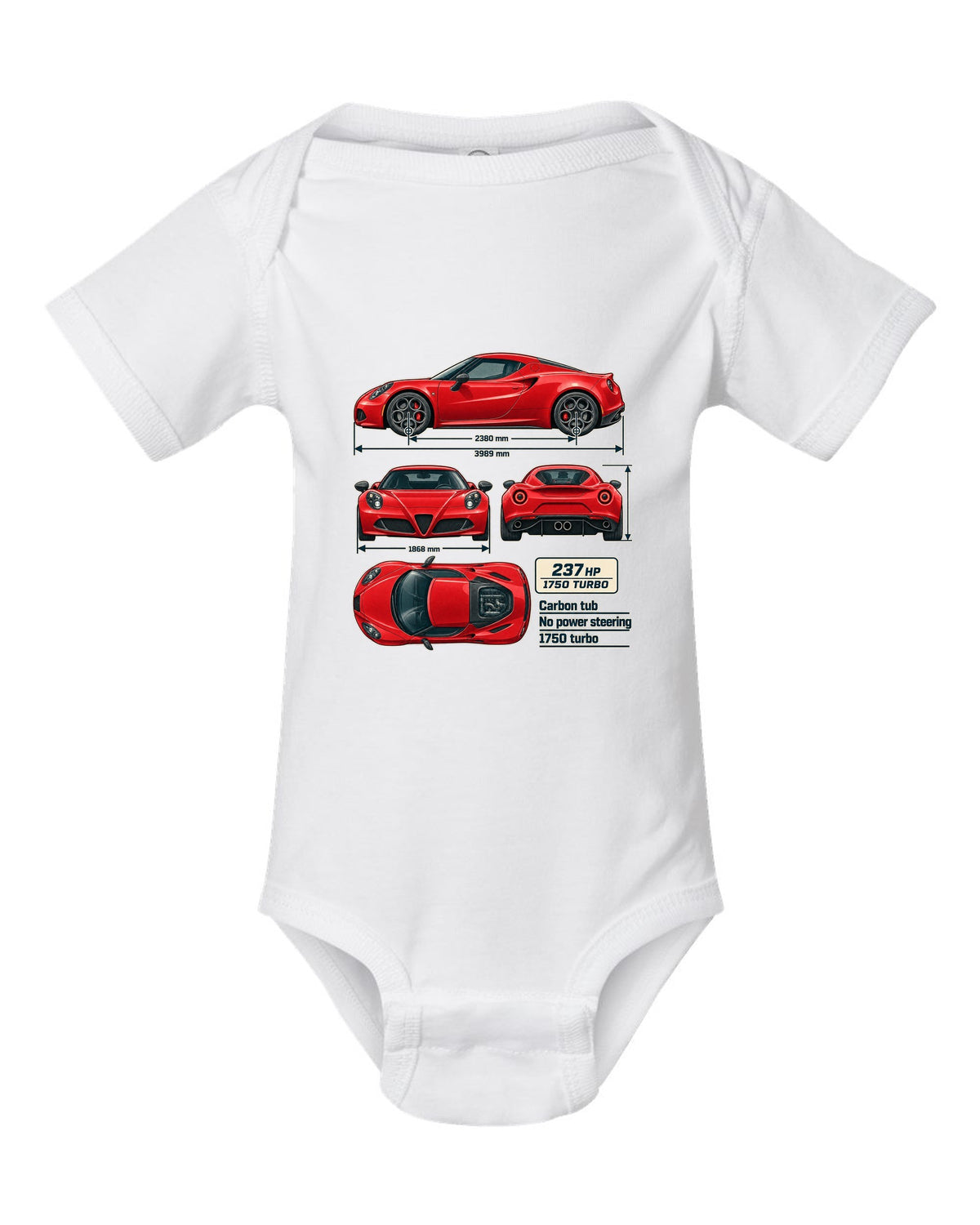 Dimension blueprint print of the Alfa Romeo 4C coupe with carbon tub and 1750 turbo callouts white baby onesie front view with the design