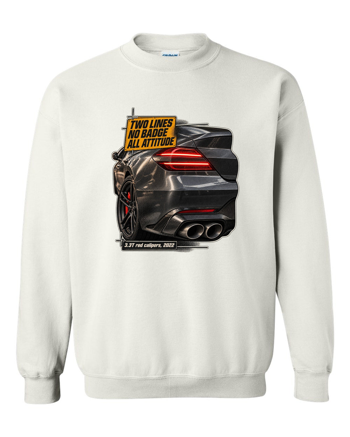 Taillight macro print of the Genesis G70 3.3T rear with two light lines white crewneck front view with the design
