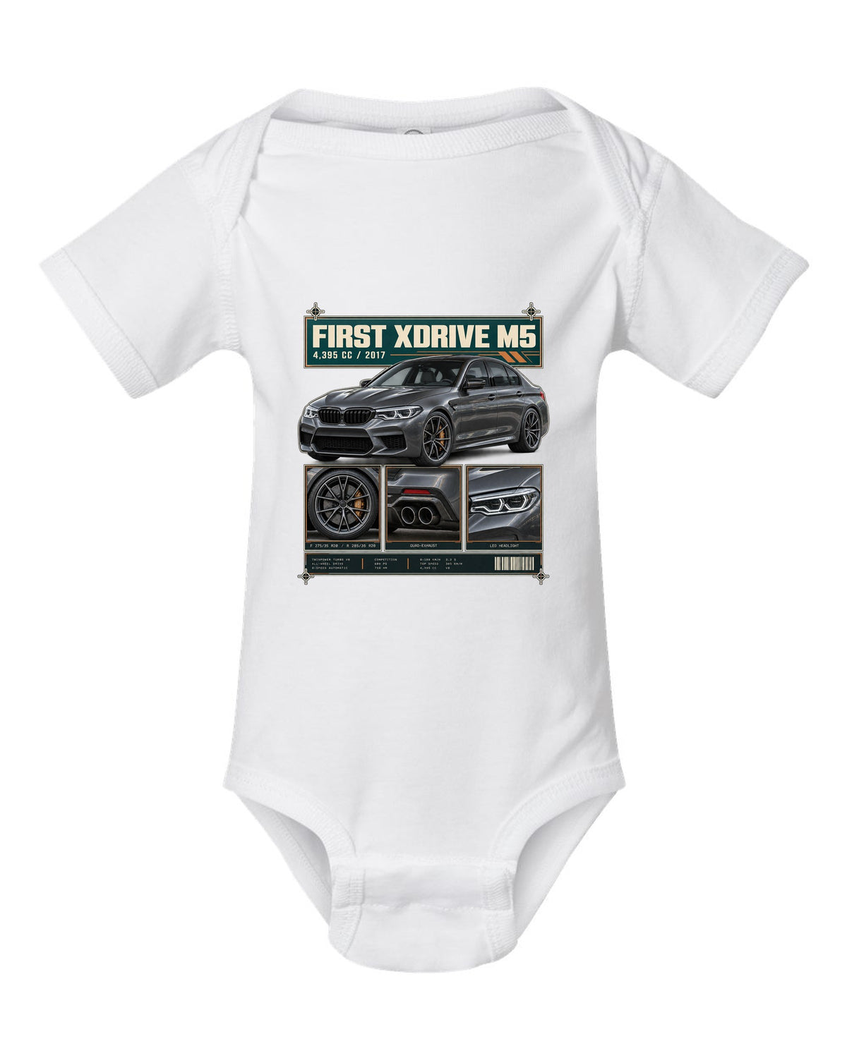 BMW M5 F90 Competition dossier panel print on a tee white baby onesie front view with the design