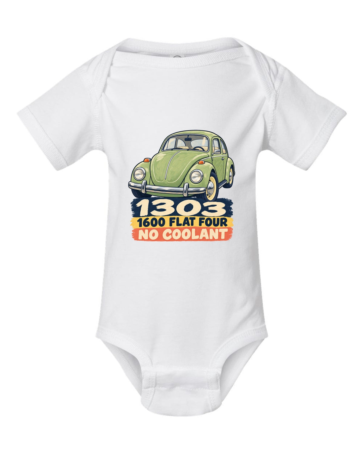 Gouache-style painted flat colour print of a VW Beetle Type 1 1303 with 1600 flat four lettering white baby onesie front view with the design