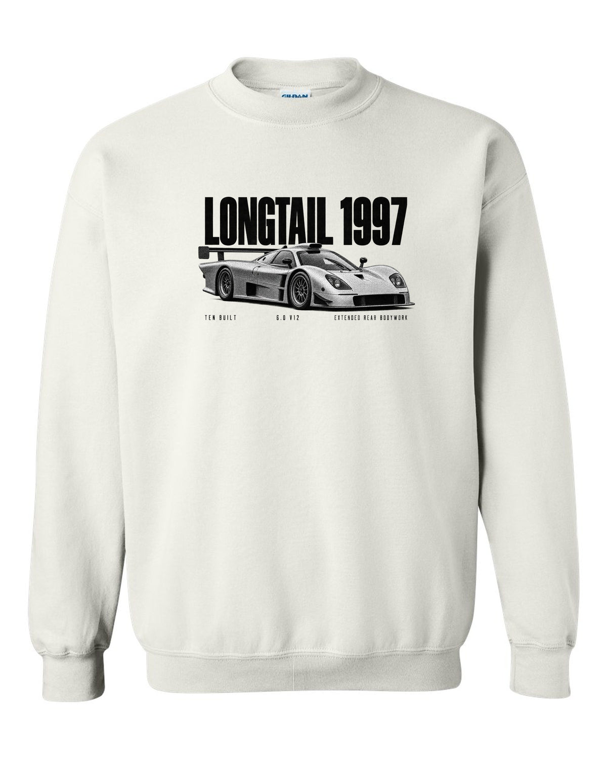 Halftone print of a 1997 McLaren F1 GTR Longtail with extended rear bodywork white crewneck front view with the design