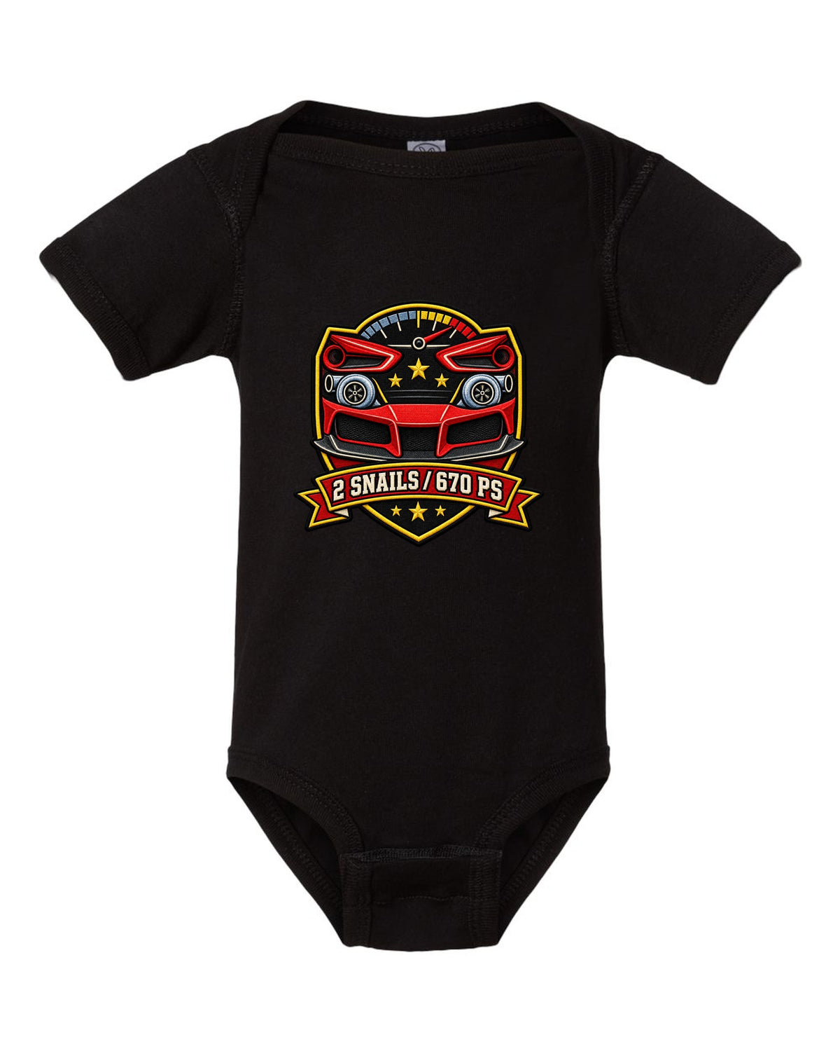 Shield layout for the Ferrari 488 GTB with 2 snails and 670 PS text black baby onesie front view with the design