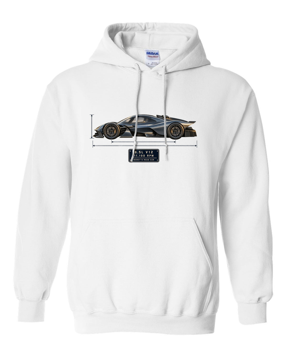 Aston Martin Valkyrie 2021 blueprint print with 6.5L V12 and 11,100 rpm lettering white pull over hoodie front view with the design