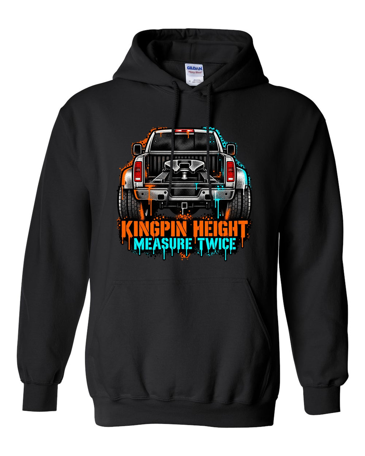 Stencil spray-art print of a 2010-2018 Ram 3500 6.7 Cummins rear with fifth wheel and kingpin height text black pull over hoodie front view with the design