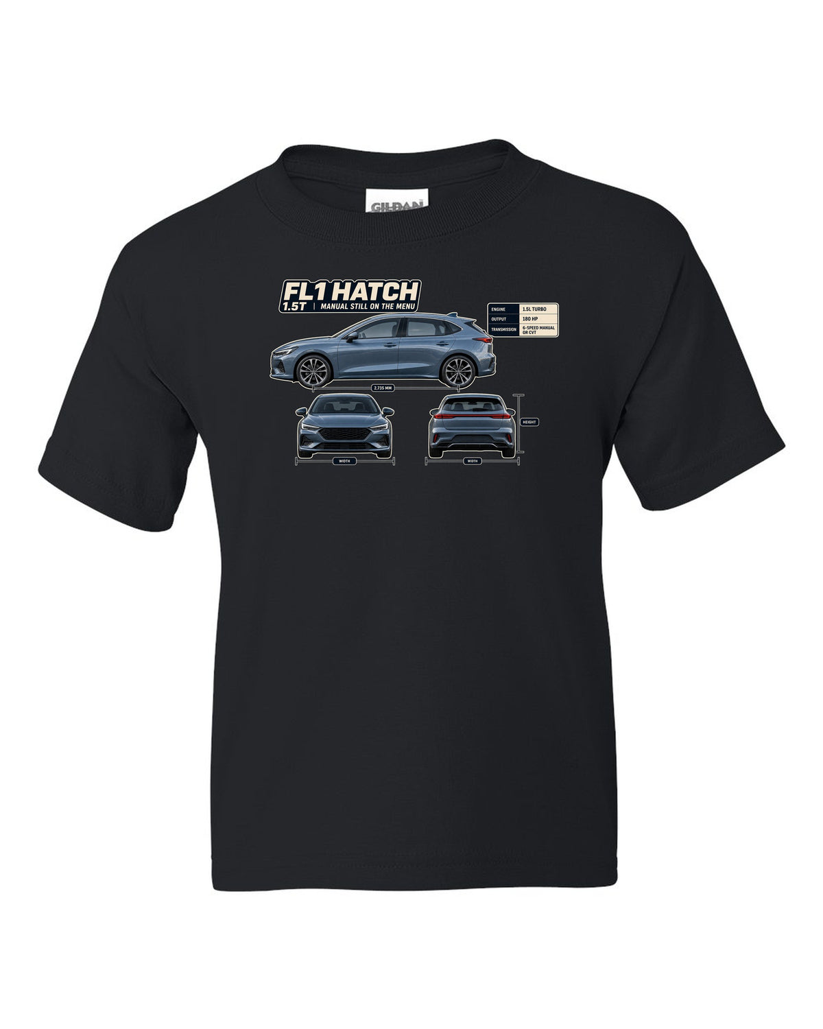 Honda Civic chback FL1 three-view spec table print black kids tee front view with the design