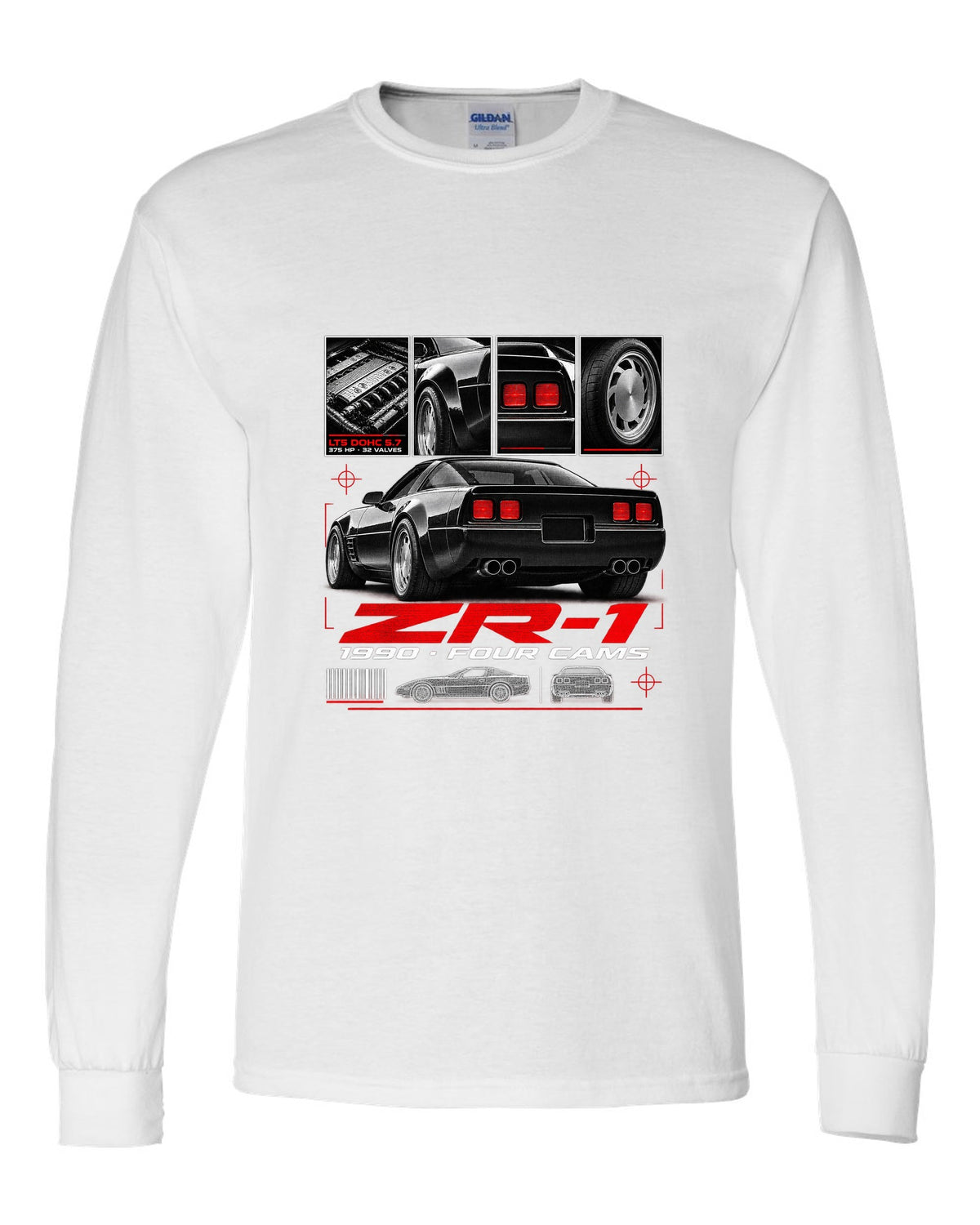 Chevrolet Corvette C4 ZR-1 1990 LT5 dossier print wide rear white long sleeve front view with the design