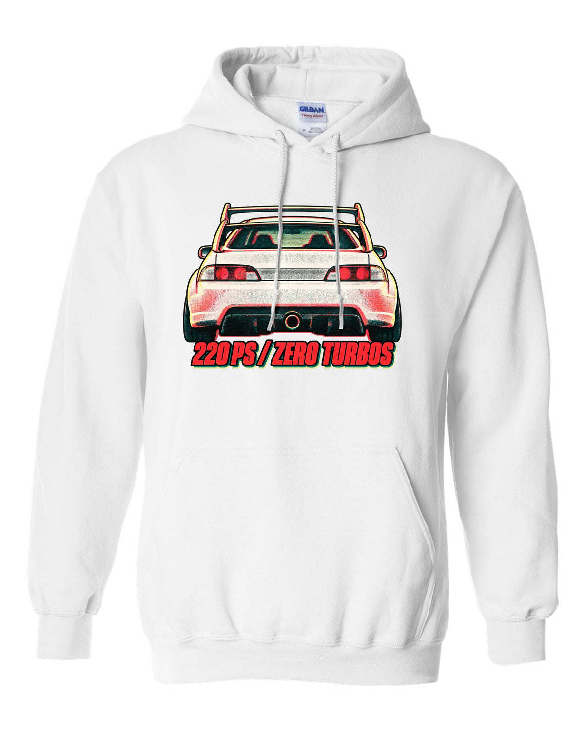Risograph duotone print of a Honda Integra Type R DC5 with 220 PS zero turbos text white pull over hoodie front view with the design