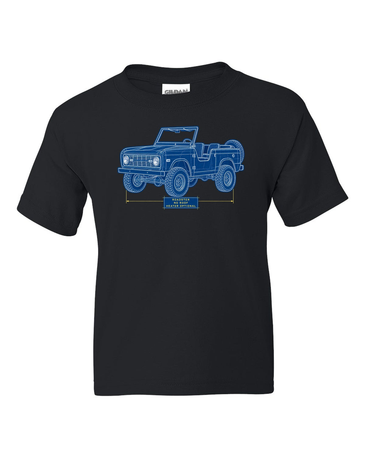 Cyanotype plan-view blueprint of a 1966 Ford Bronco U13 roadster on a trail map with NO ROOF lettering black kids tee front view with the design