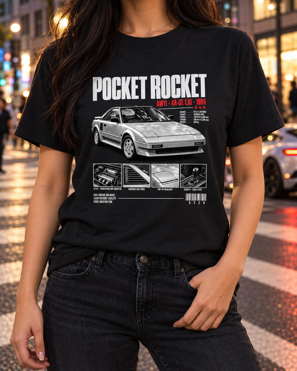 Toyota MR2 AW11 Pocket Rocket Dossier Shirt, 4A-GE T-Shirt Black worn hero