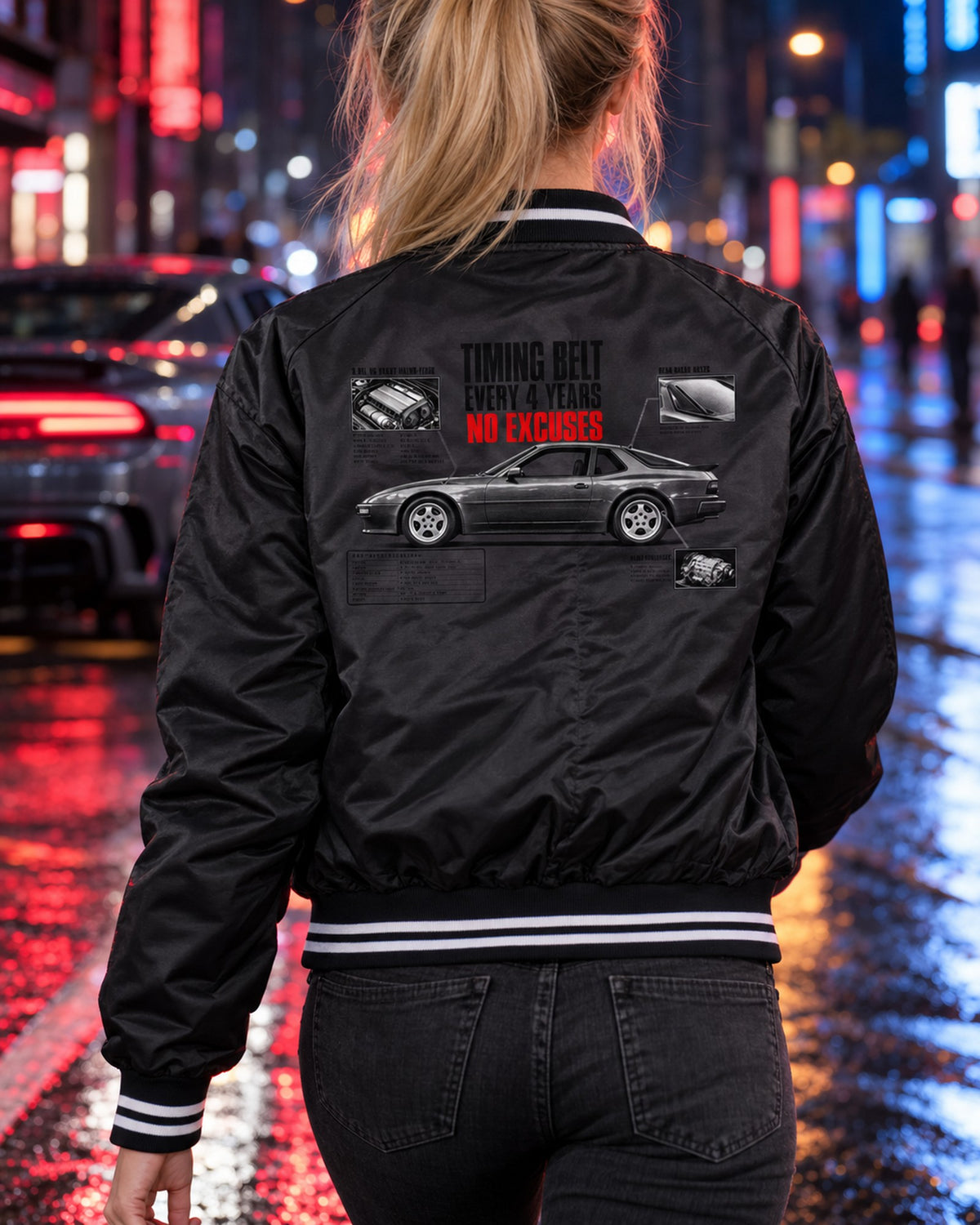 Porsche 944 S2 Timing Belt Spec Poster Shirt, Every 4 Years Bomber Jacket Black worn hero