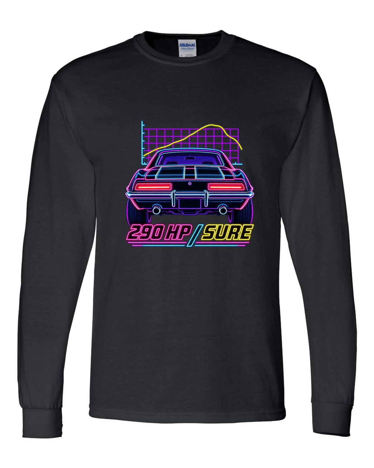 Neon synthwave outline of a 1969 Chevrolet Camaro Z/28 taillights with 290 HP lettering black long sleeve front view with the design