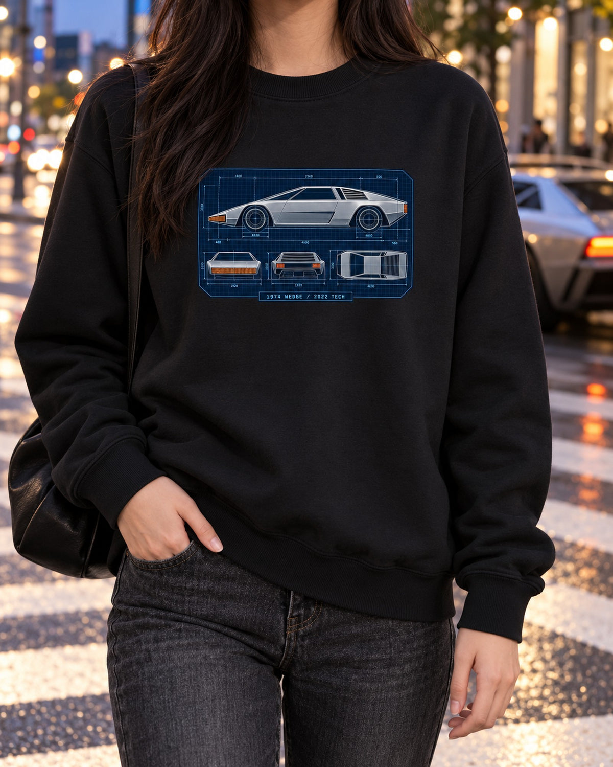 Hyundai N Vision 74 Blueprint Wedge Shirt, 2022 Concept Car Crewneck Black worn hero