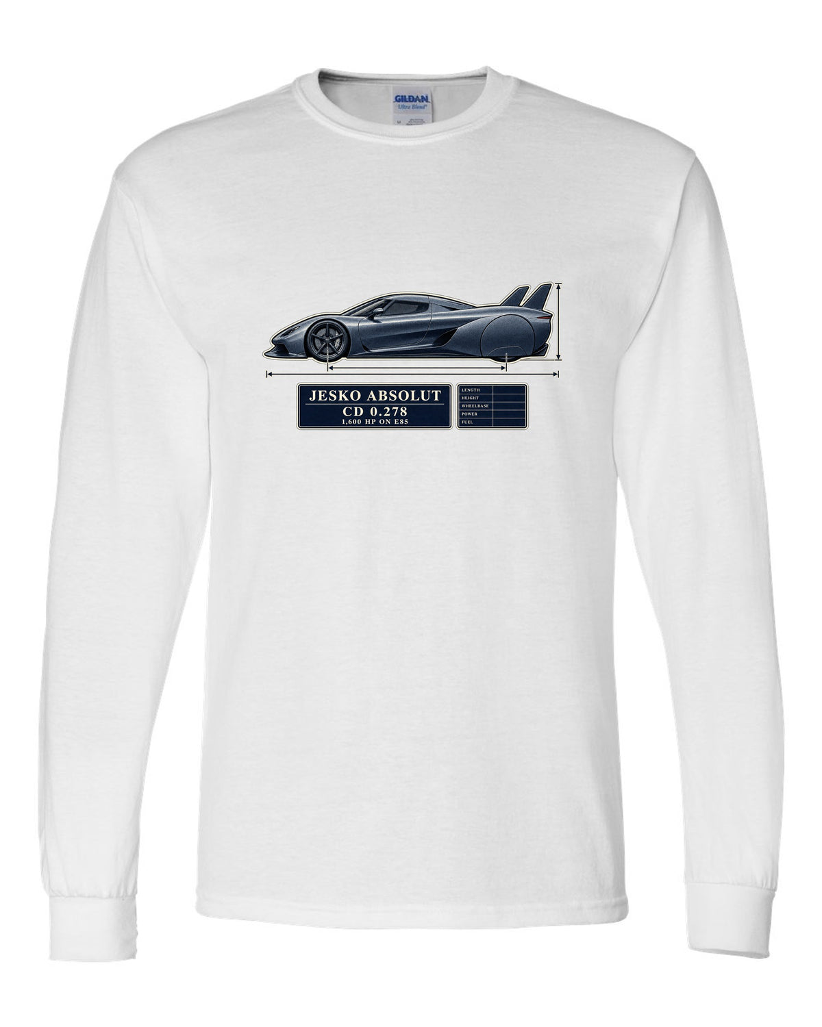 Blueprint drawing of the Koenigsegg Jesko Absolut with twin tail fins and no wing, print white long sleeve front view with the design