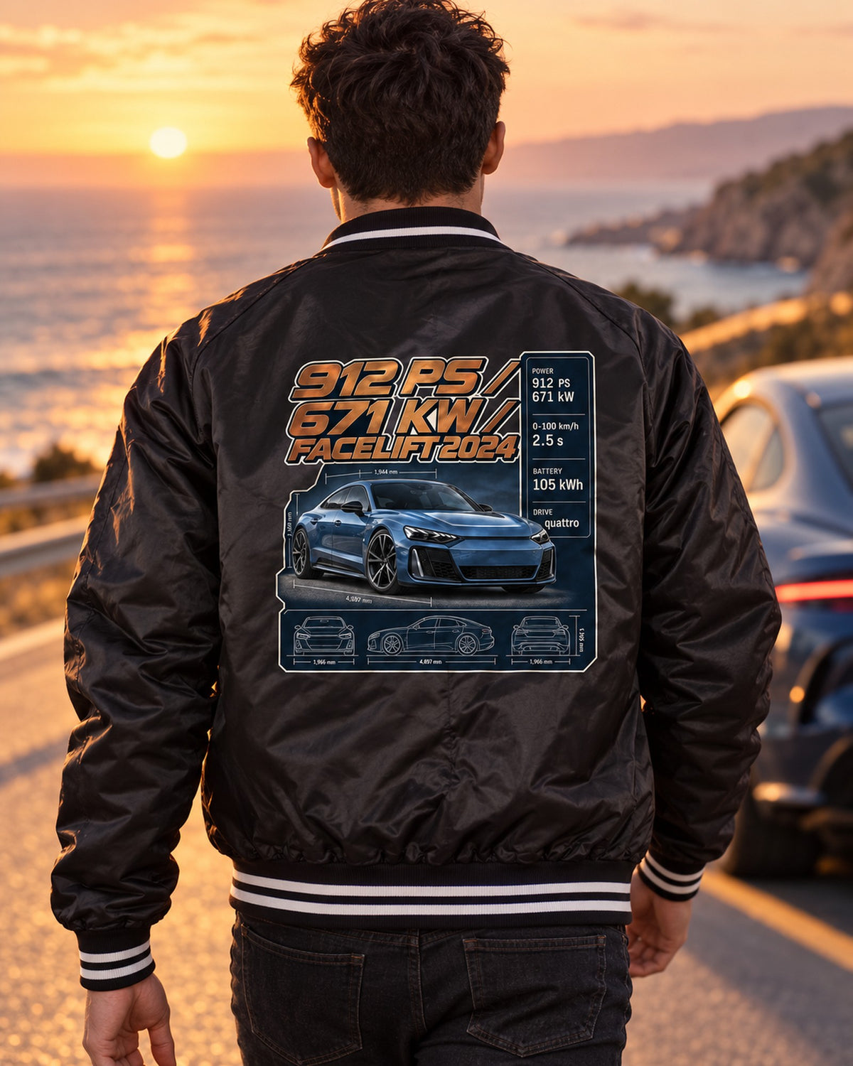 Audi RS e-tron GT Performance Facelift Spec Poster Tee, 912 PS Bomber Jacket Black worn hero