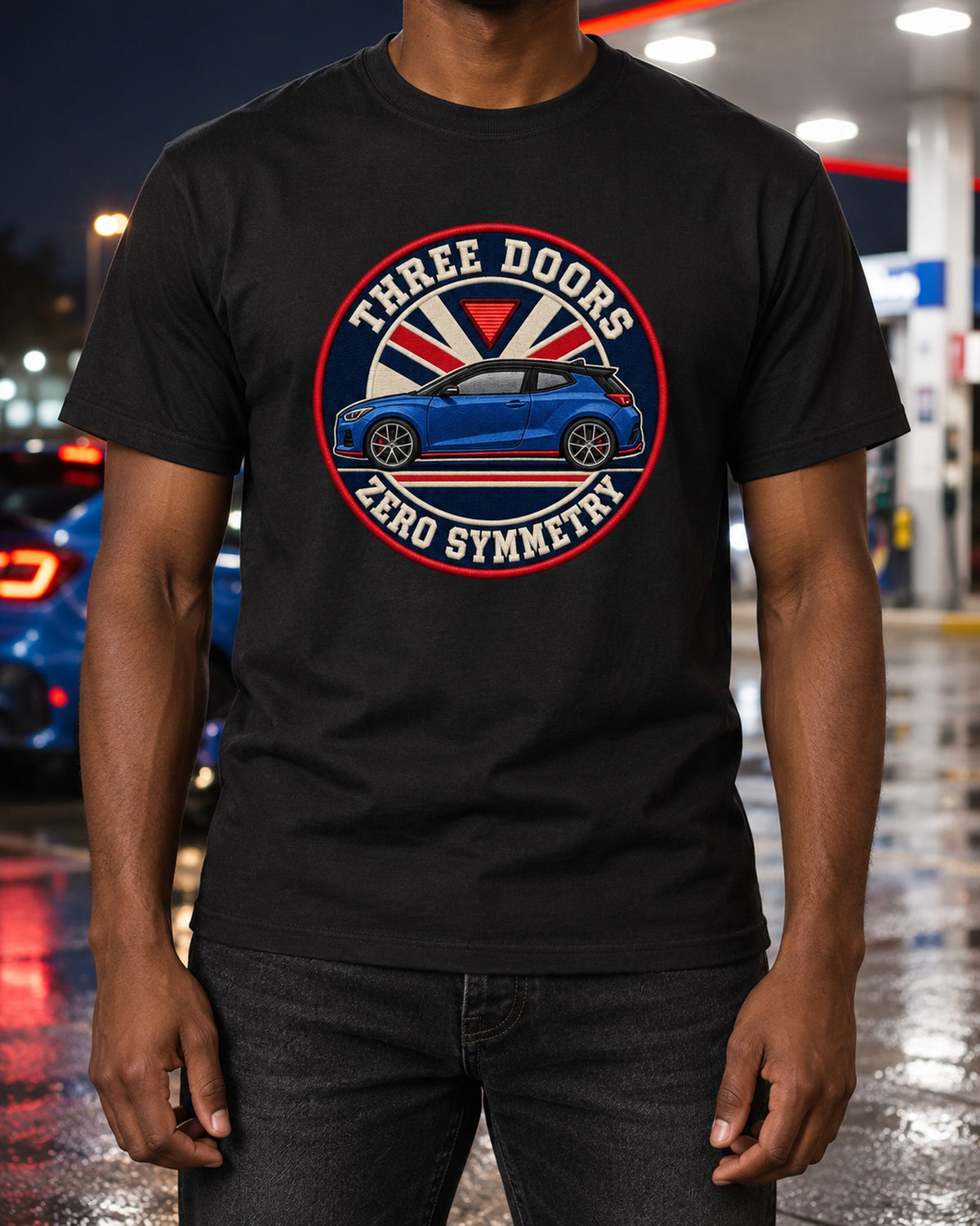Veloster N JS Triple Door Varsity Crest Shirt, Zero Symmetry T-Shirt Black worn hero